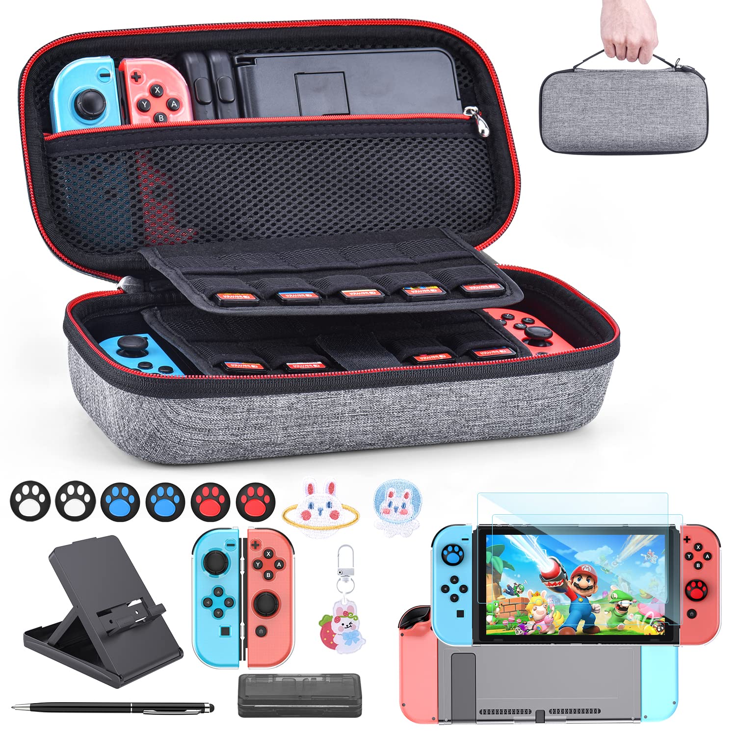 Switch Case for NS Switch - innoAura 18 in 1 Switch Accessories Bundle with Switch Carrying Case, Switch Game Case, Switch Screen Protector, Switch Stand, Switch Thumb Grips (Gray)