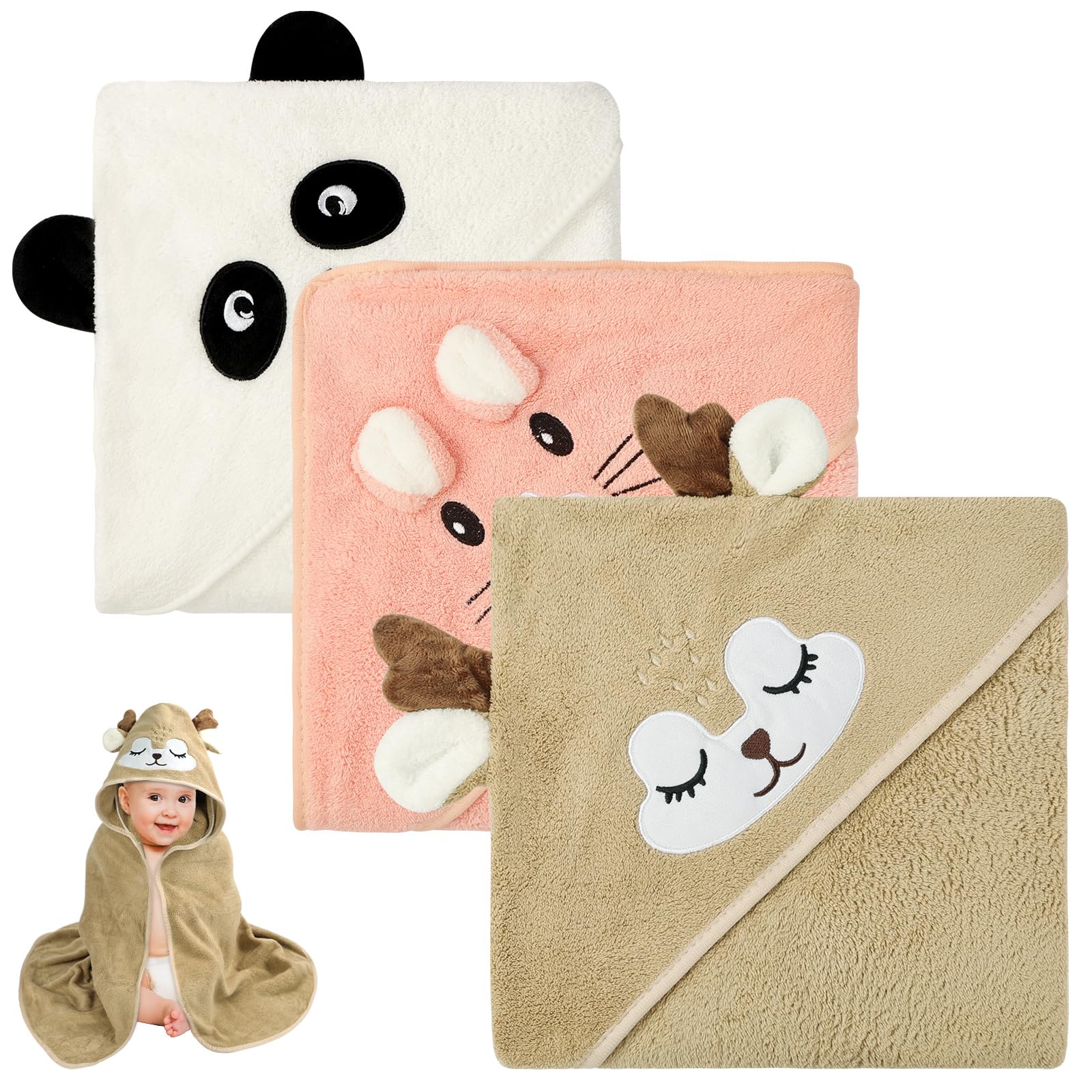 Aolso 3 Pz Asciugamano con cappuccio, 80 x 80 cm Asciugamani da Bagno per Bambini con Cappuccio, Morbidi e Assorbenti, per Neonati e Bambini 0-3 Anni -Bianco/Caffè/Rosa