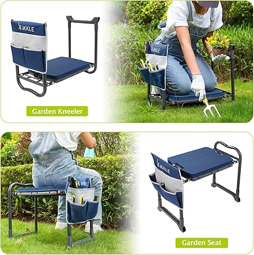 Miniatura 7 de ikkle Taburete de jardín y asiento de jardinería, banco de jardinería plegable con almohadilla de rodillas desmontable más gruesa y bolsas para