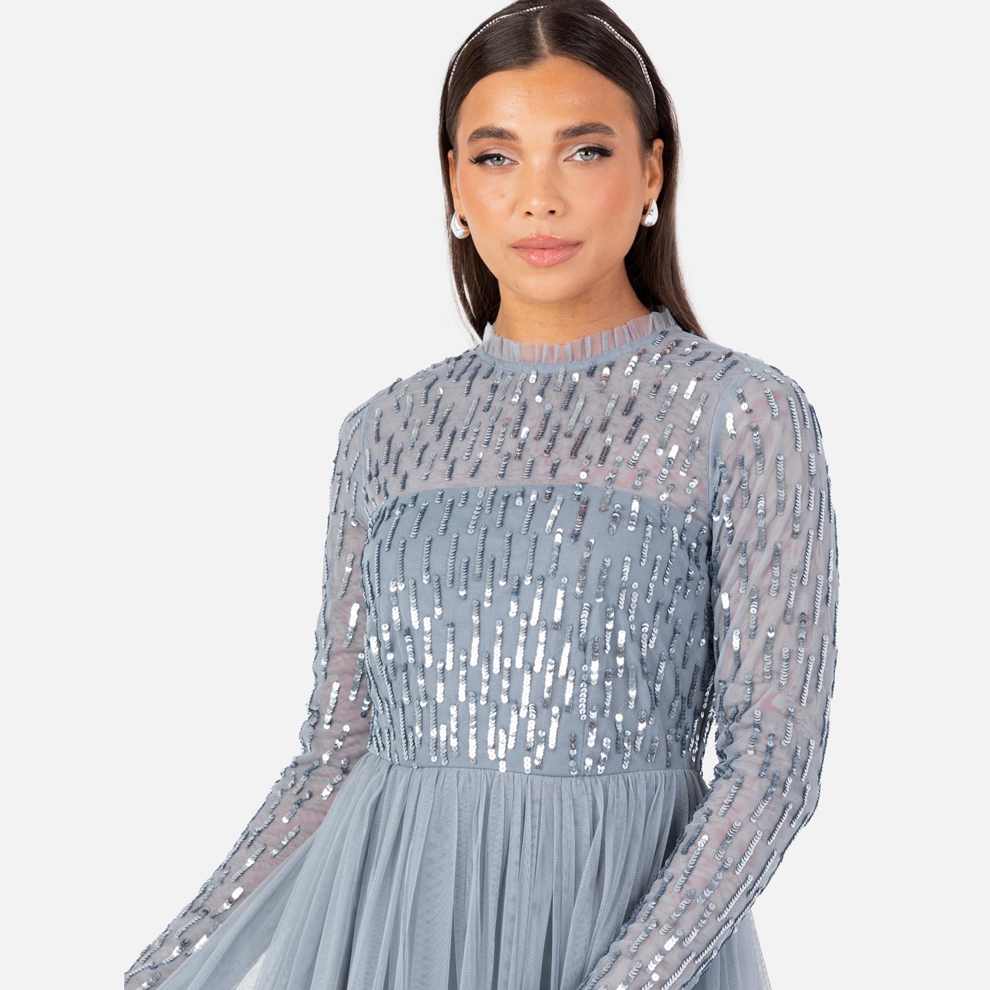 Women's Maxi Dress Ladies Modest High Neck Long Sleeve Tulle Sequin Embellished A-Line Wedding Guest Bridesmaid Prom