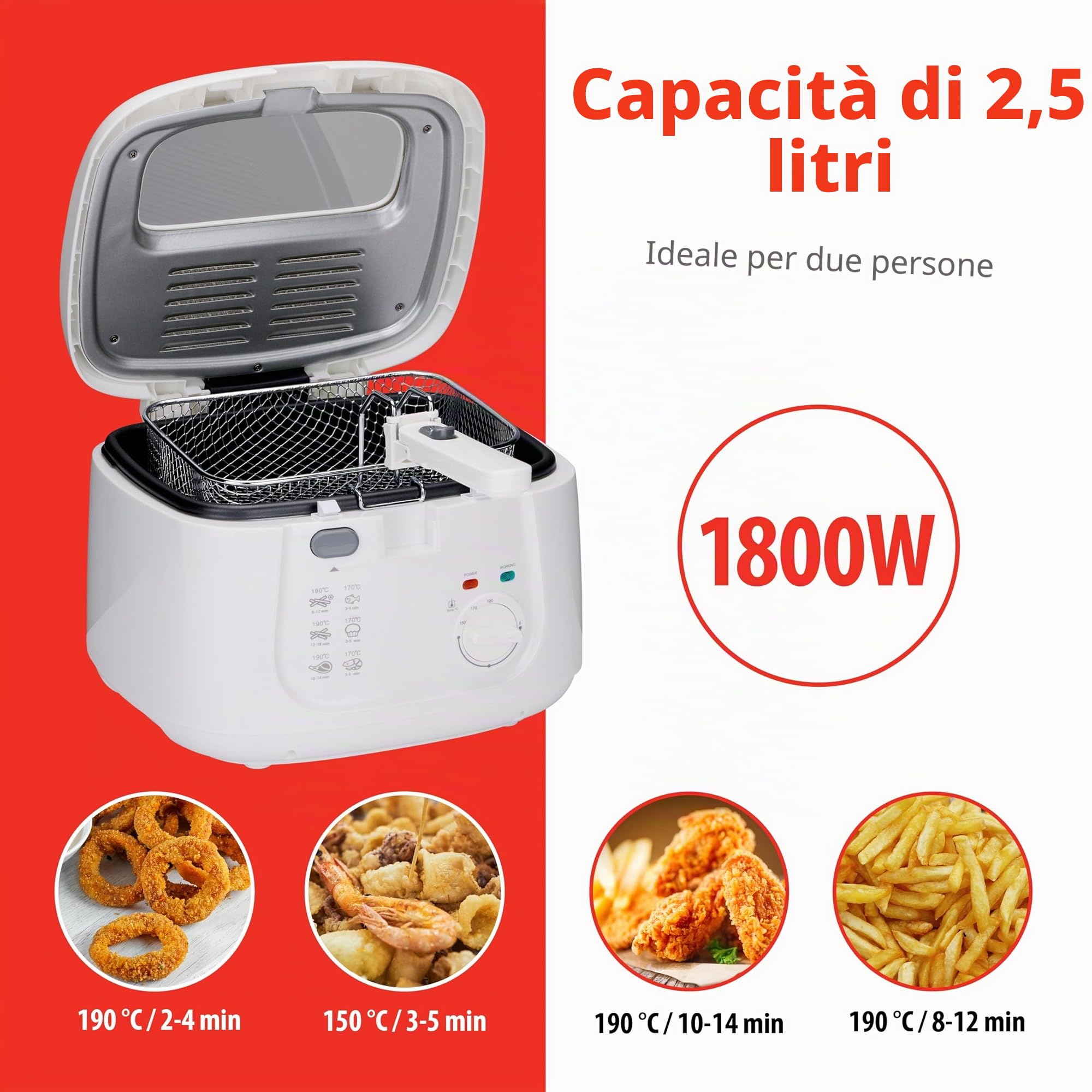 alpina Friggitrice – Friggitrice – 1800 Watt – 2,5 litri – fino a 190º –