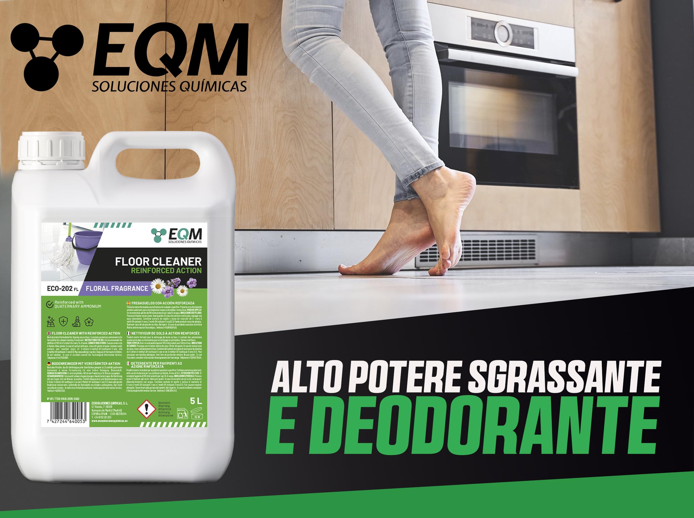 EQM - ECO-202 - Detergente per Superfici Multiple - Azione Rinforzata per una Pulizia Superiore - 5L - Alta Capacità Sgrassante e Deodorante - Aroma Floreale
