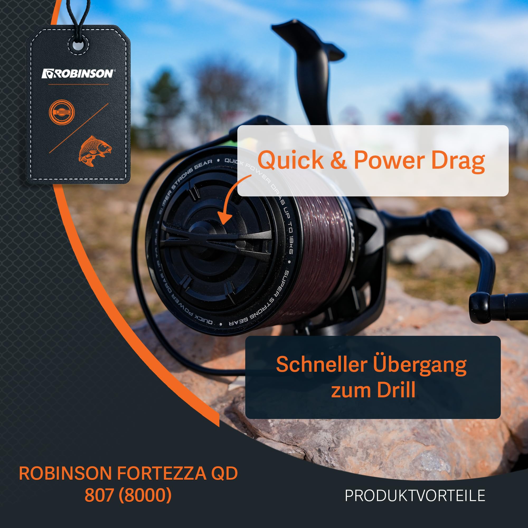 Robinson Karpfenrolle 8000 mit 18kg Bremskraft – Angelrolle mit Quick & Power Drag – Schneckengetriebe für gleichmäßige Schnurverlegung – Duraluminium-Spule – Fortezza