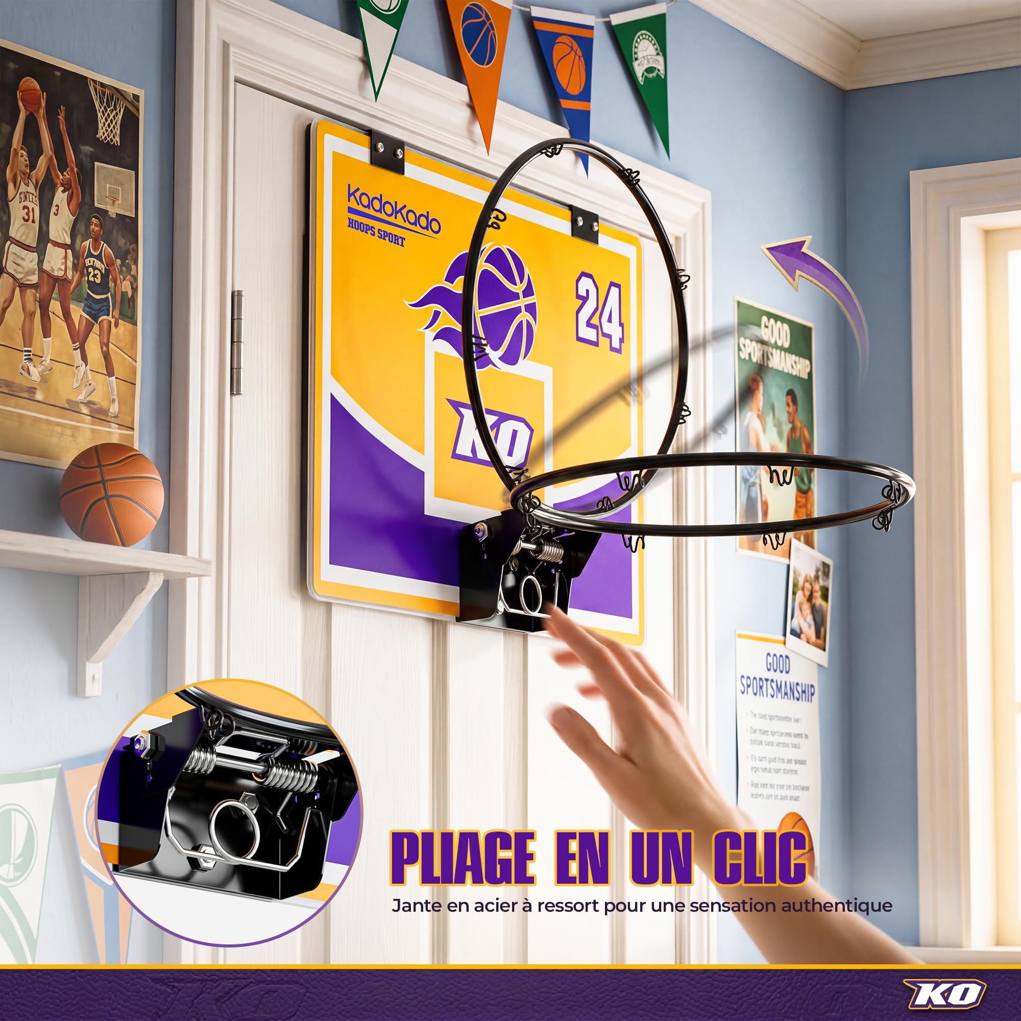 Panier de Basket Interieur Mini Panier Basket Enfant pour Chambre Mural avec 2 Ballons Panneau Repliable Coffret, Cadeau Anniversaire Jeu de Basket Jouet Garçons Fille