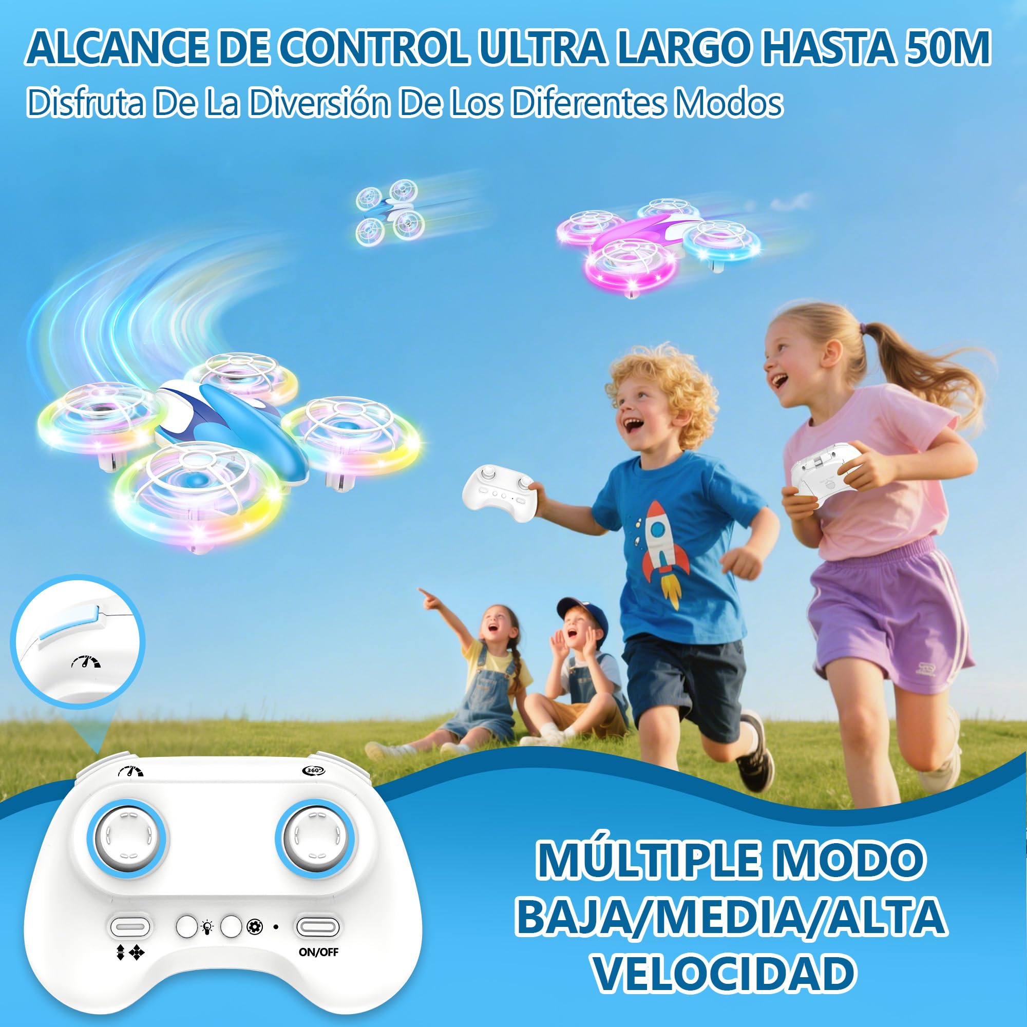 Charmofun Mini Drone para Niños, Mini Drone con Luces de Colores, Regalos Juguetes para Principiantes, Avión Teledirigido con Retención de Altitud, Volteos 3D y 3 Baterías (Azul)