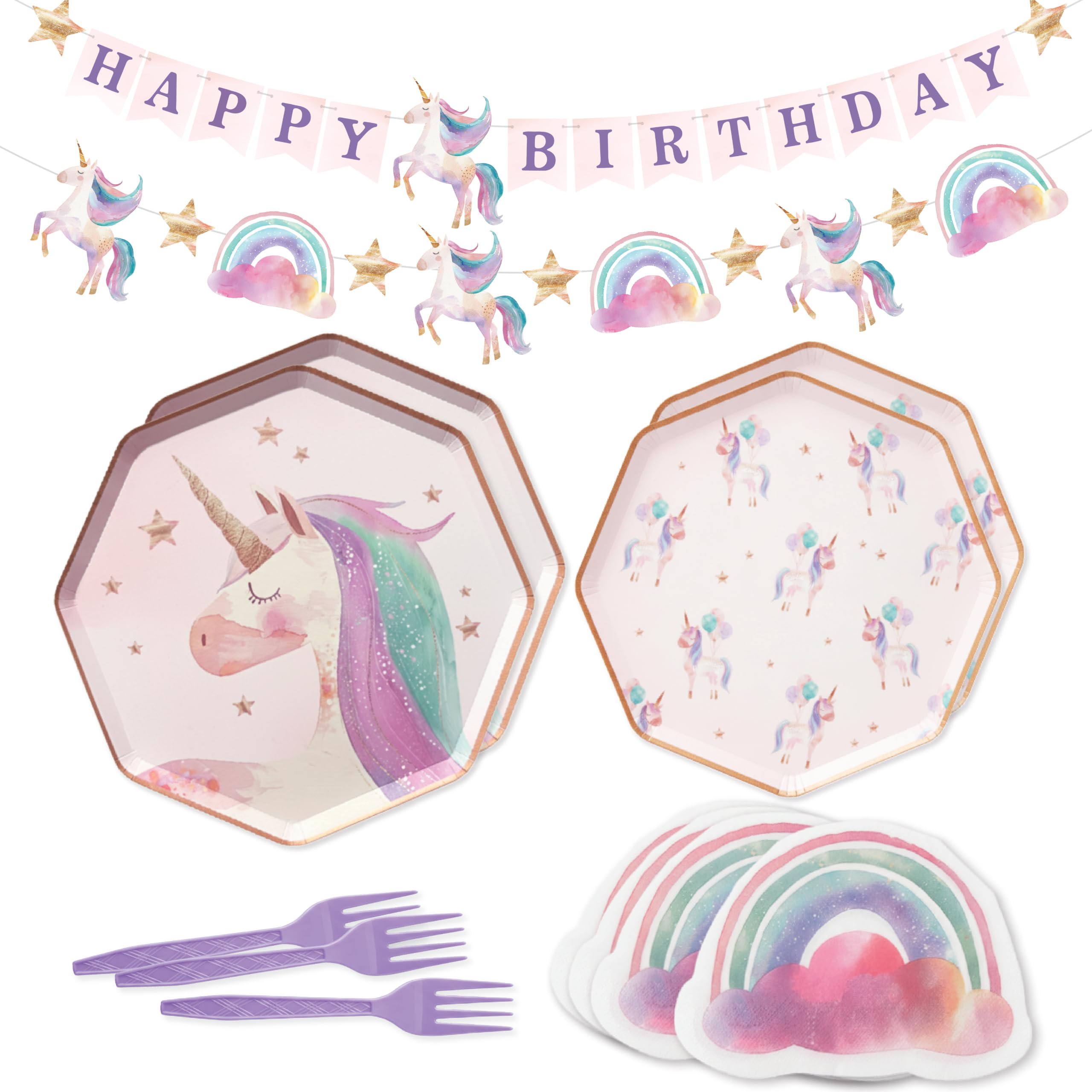 Platos de unicornio, servilletas y 2 pancartas preencordadas, juego de fiesta de 66 piezas, sirve 16 platos octogonales de acuarela, servilletas arcoíris + pancarta de feliz cumpleaños y