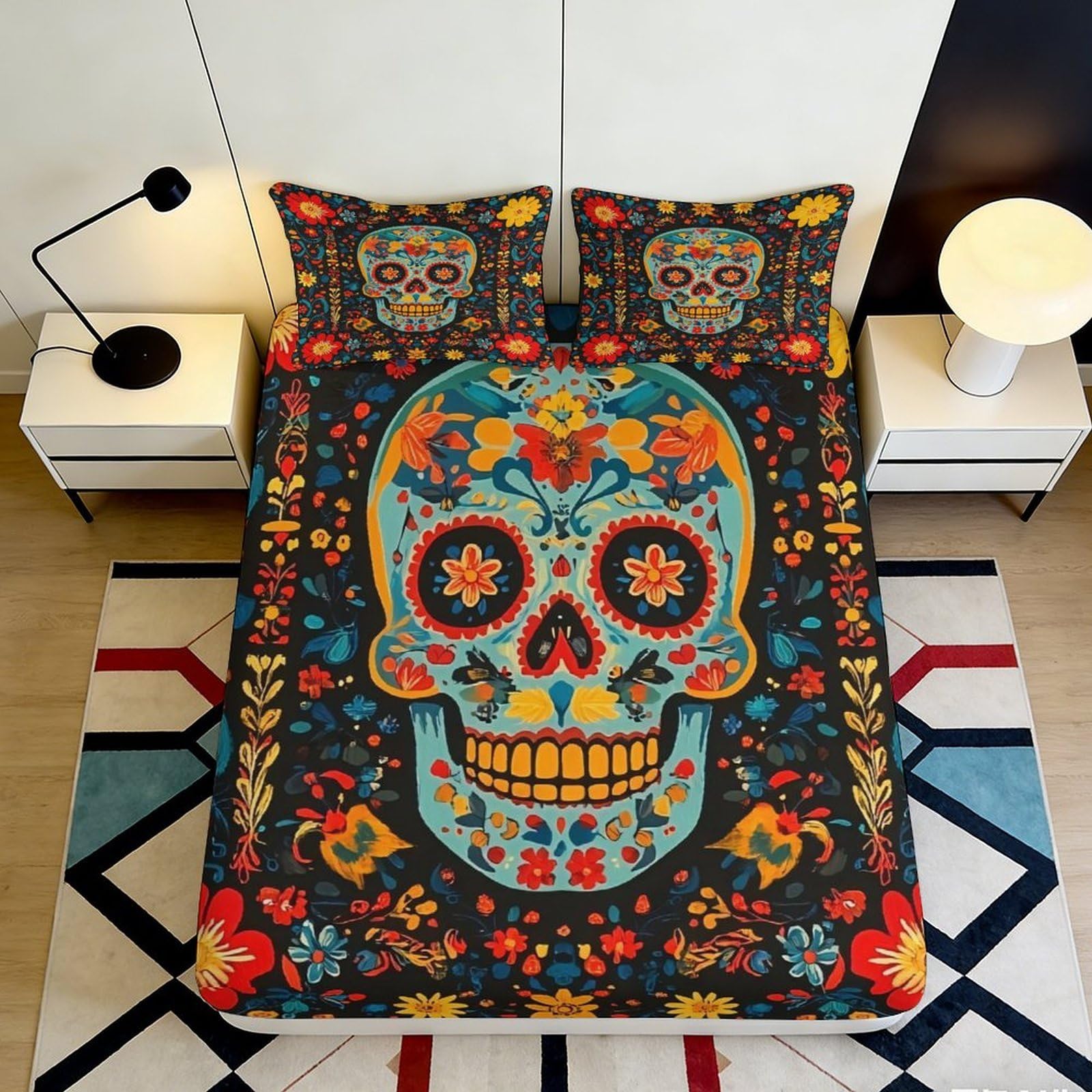 Pnayamiorkfel Style-3 3D Printed Colorful Sugar Skull Fitted Sheet Microfiber Floral Day Of The Dead Bed Cover For Bedroom Dorm Decor 90X200x25cm