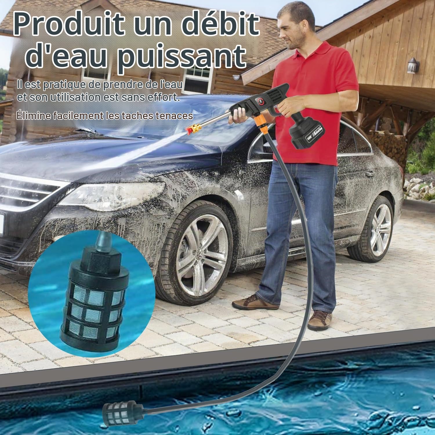 Nettoyeur Haute Pression sans Fil, 21V Max 50Bar Nettoyeur Haute Pression sur Batterie, Press & Clean avec Batteries, Pot à Mousse, Tuyau de 5 Mètres, pour Voiture, Gazon (avec 2 Batteries 6000mAh)
