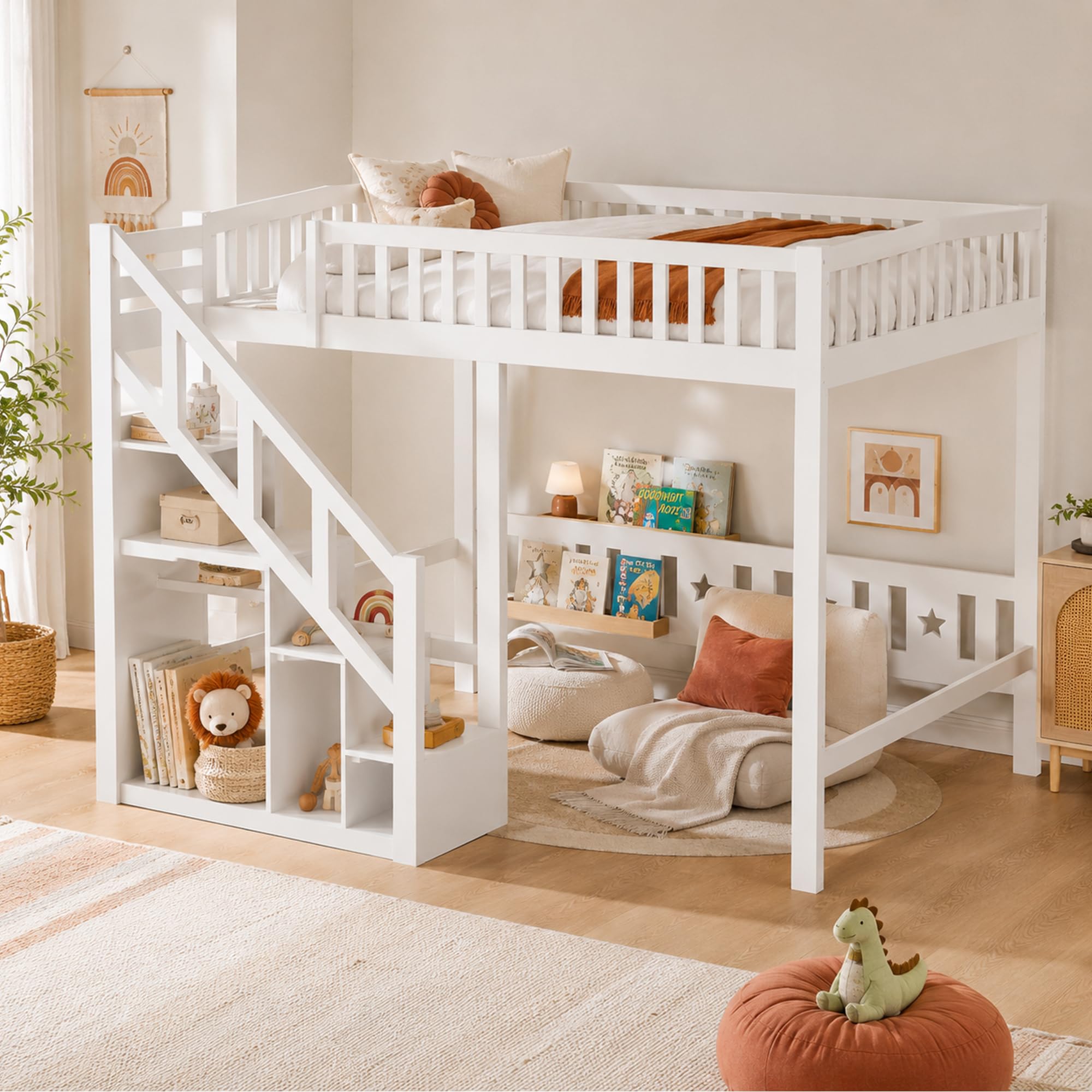 DULRLLY Lit Double Mezzanine 140x200 cm, Lit Superposé Enfant avec Escaliers de Rangement et Barrière de Sécurité, Sommier à Lattes en Bois, Lit Hauteur pour 2 Enfant, Garçon et Fille, Blanc