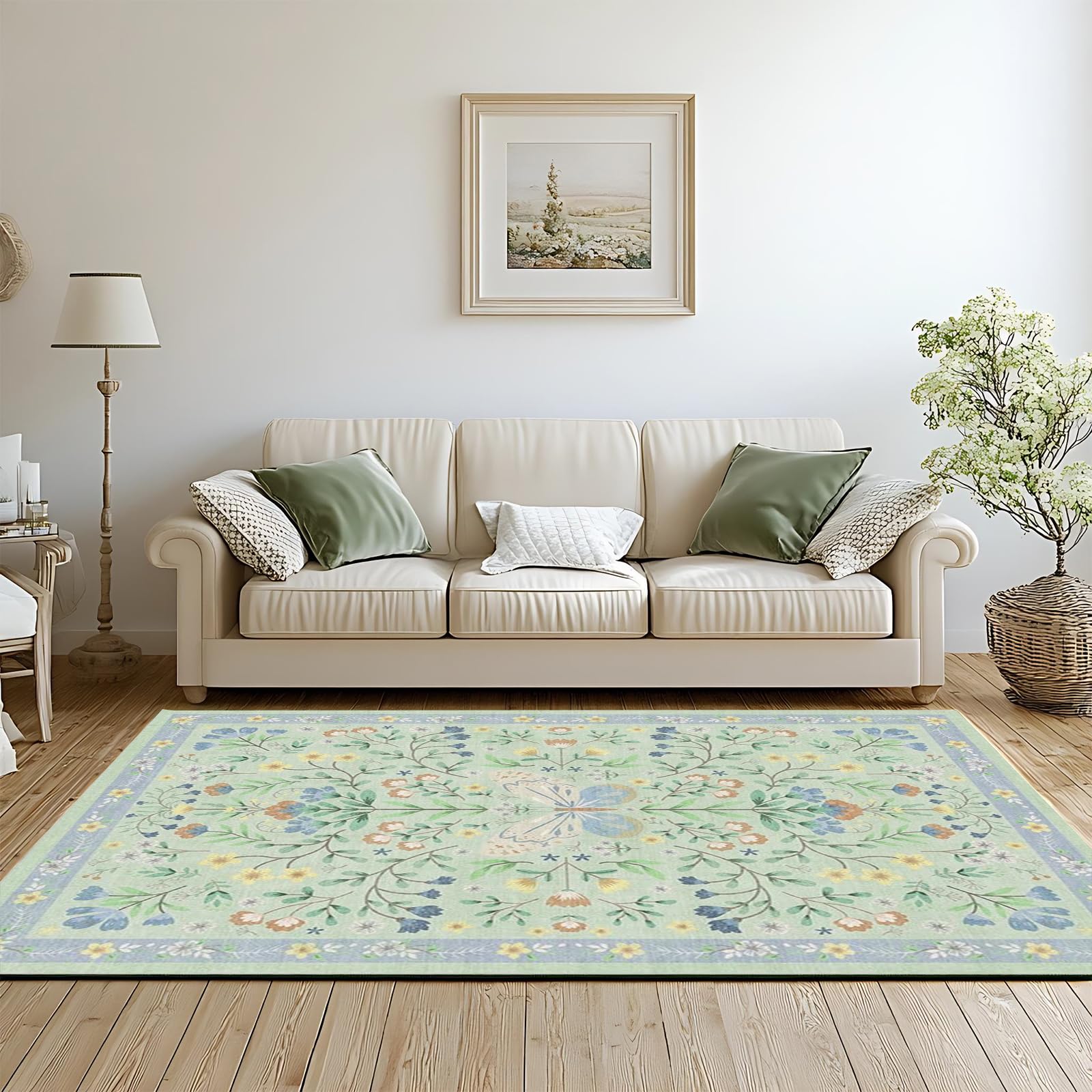 Petmolico Washable Green Floral Area Rugs 5x7 for Living Room, Boho Faux-Cashmere Sage Green Carpets for Bedrooms, Vintage Foldable Kitchen Area Rug