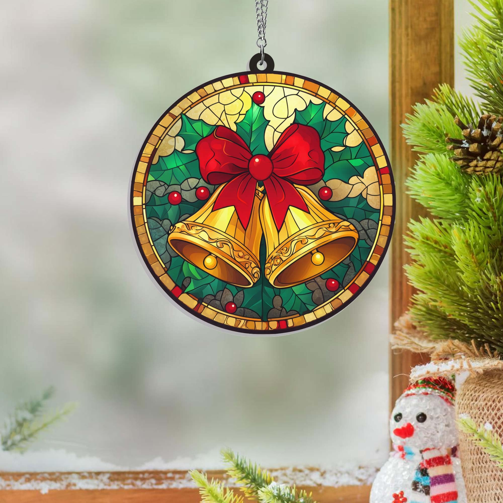 Acrylic Suncatcher,7.48in Jingle Bells Christmas Xmas Indoor Outdoor Window Hanging Home Decor