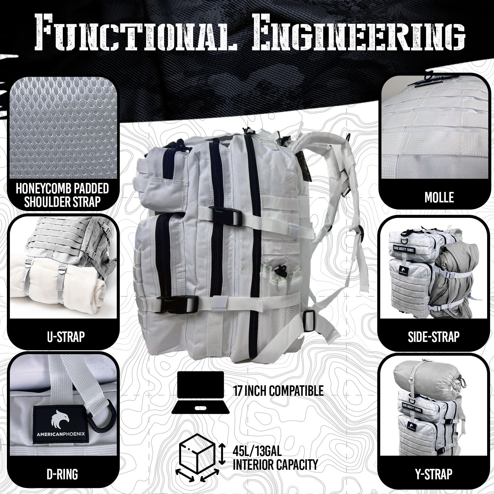 AMERICANPHOENIX Elite taktischer Rucksack, 45 l, Arbeits- und Militärrucksack, wasserabweisend und strapazierfähig, Insektenschutztasche