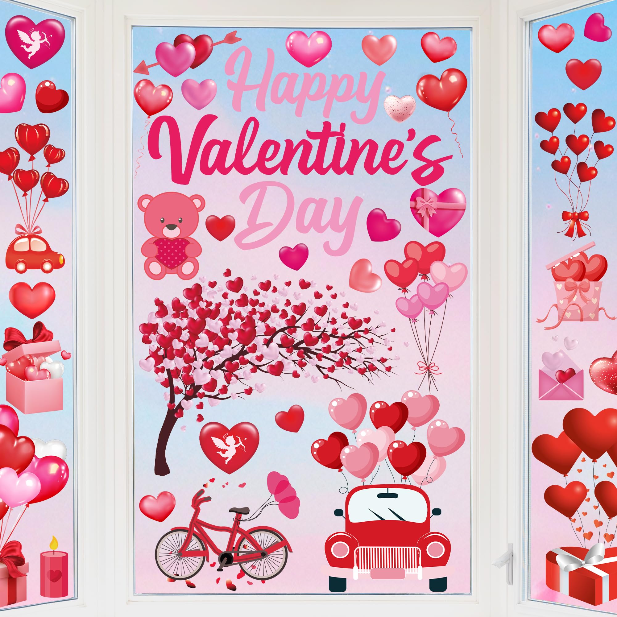 152PCS Valentine Window Clings, 11.8 × 7.8 Inches Heart-Shaped Window Decals, 9 SheetsRomantic Valentines Decorations, Double-Sided Heart Window Stickers for Anniversary, Party Holiday Decor