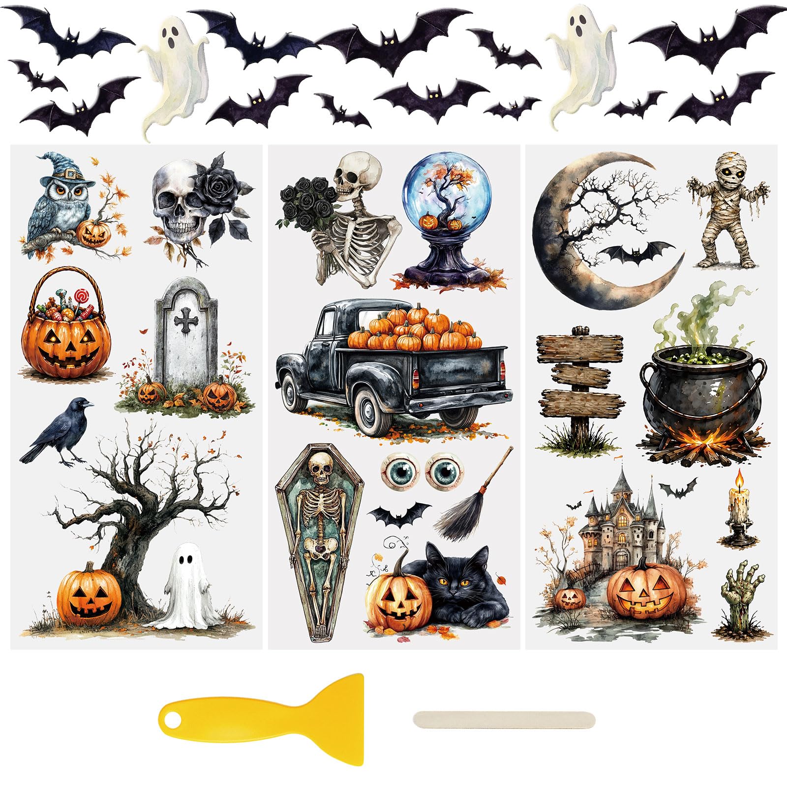 WANDIC 3Pcs Halloween UV DTF Cup Warp Rub on Transfer Stickers, Owl Skeleton Pumpkin Waterproof Scrapbook Decals for Craft Furniture, 15 * 30cm