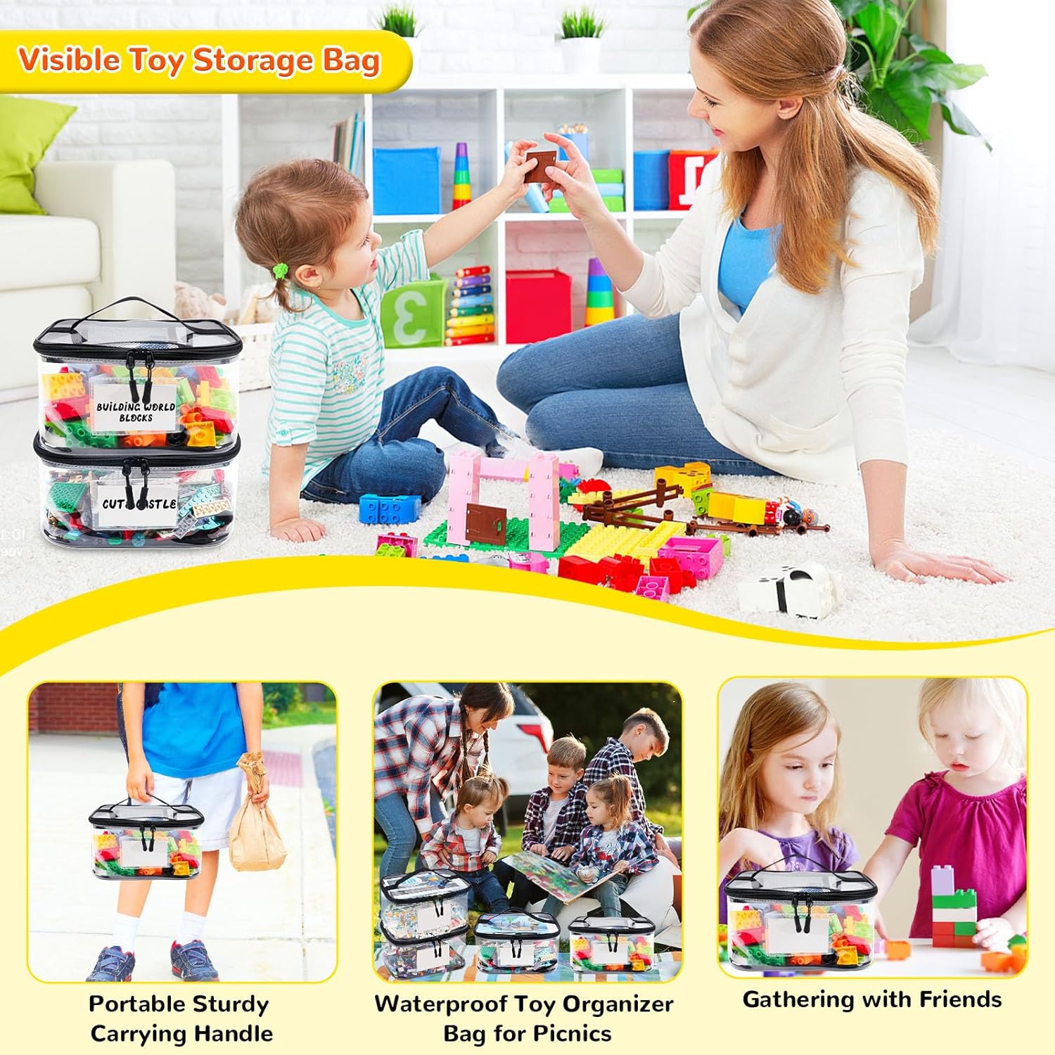 6 Pack Clear Toy Storage Bag with Name Tag& Manual Pocket, Waterproof Transparent PVC Toy Organizer Case for Lego Bricks, Board Games, Building Blocks, Puzzles (Large Capacity, Black) - Image 7