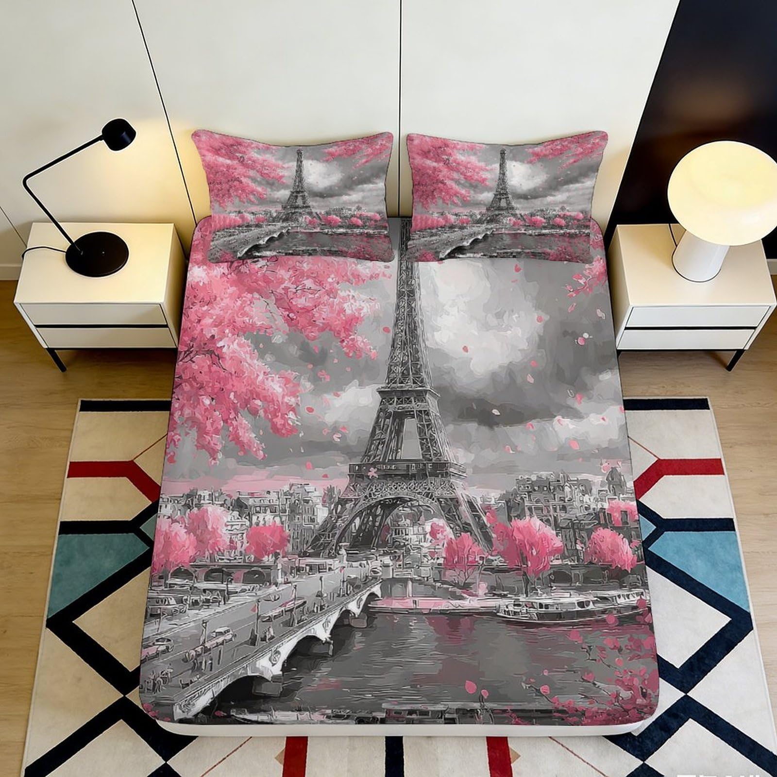 3D Printed Pink Cherry Blossom Fitted Sheet Microfiber Soft Breathable Paris Eiffel Tower Mattress Cover for Bedroom Dormitory Guest Room Decor Protection 120x200x25cm