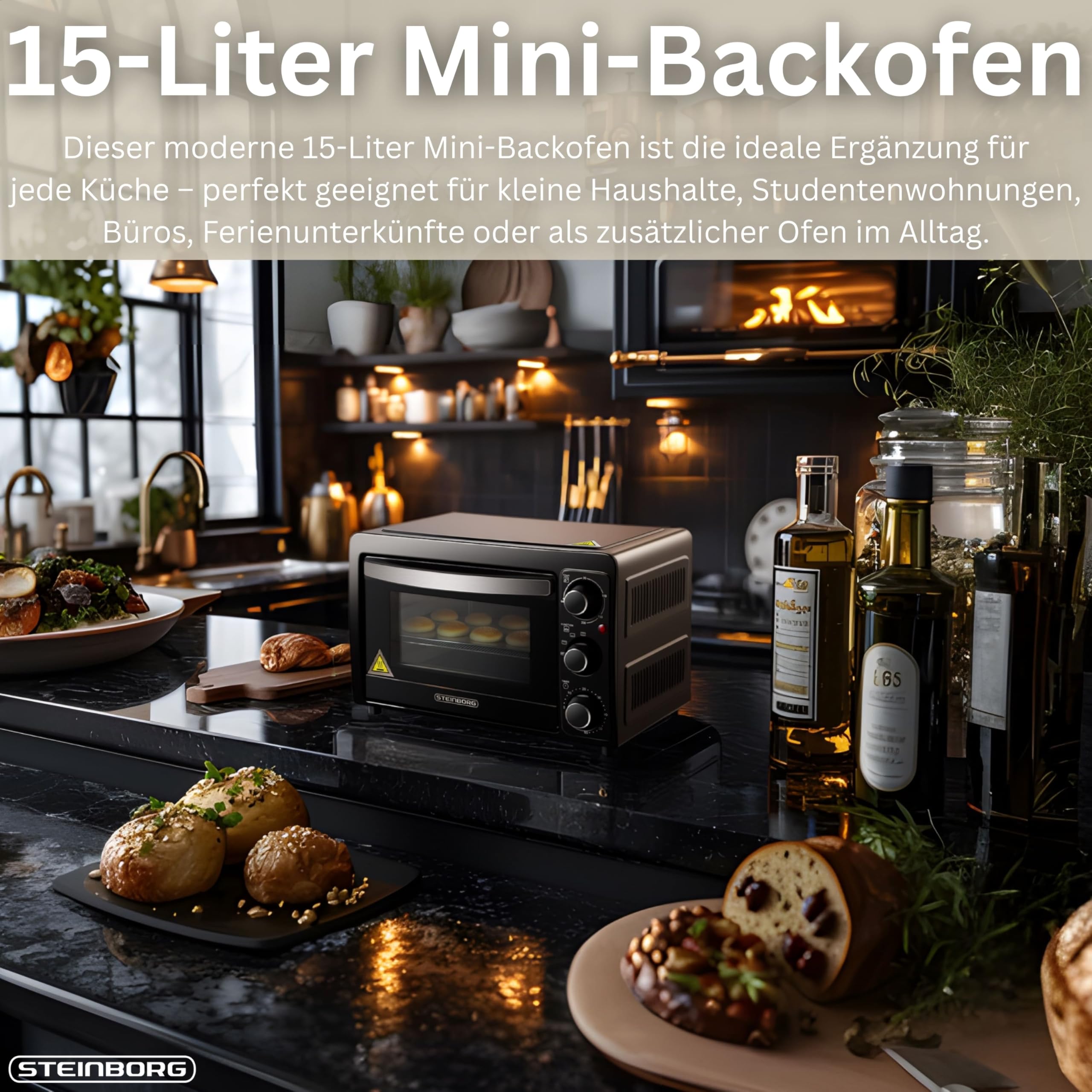 STEInBORG Mini Backofen 15 Liter Pizza-Ofen 3in1 Backofen Minibackofen Miniofen Krümelblech Ober-/Unterhitze Energiesparend 60 min.Timer