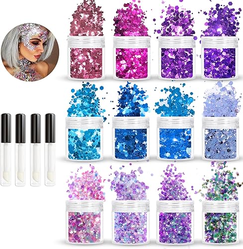 Allstarry Purpurina holográfica gruesa para el cuerpo, 4 colores, maquillaje cosmético con purpurina para la cara, lentejuelas de sirena, pintura