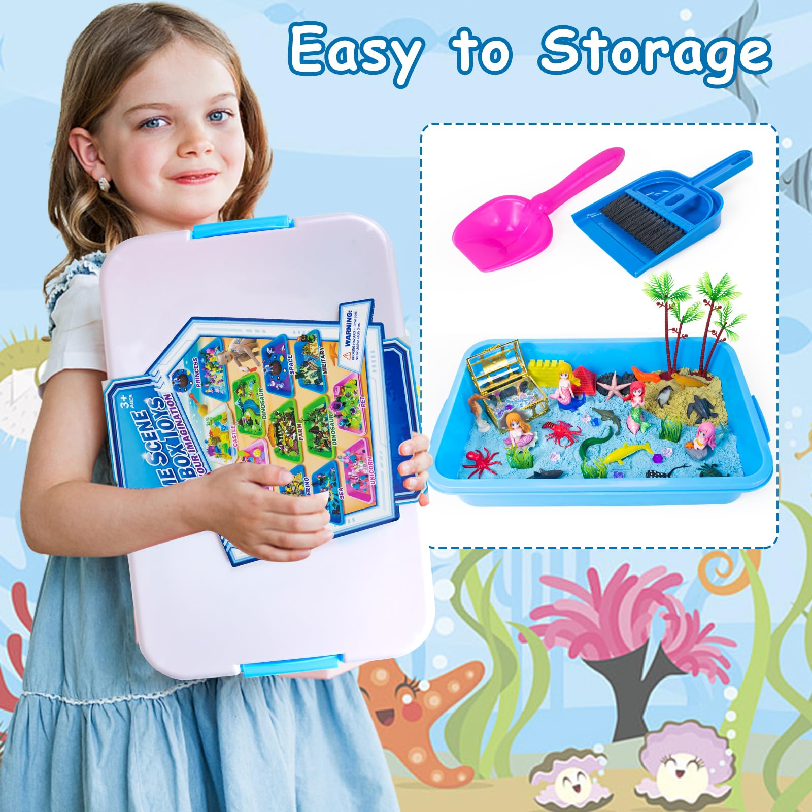 Tcvents 57Pcs Mermaid Sensory Bin Toys, Ocean Sensory Sandbox for Kids Ages 3 4 5 6 7 8 with 2.64lbs Magic Sand, Castle Moulds, 4 Mermaids, 30 Sea Animals- Toddlers Play Sand Art Kits Birthday Gift