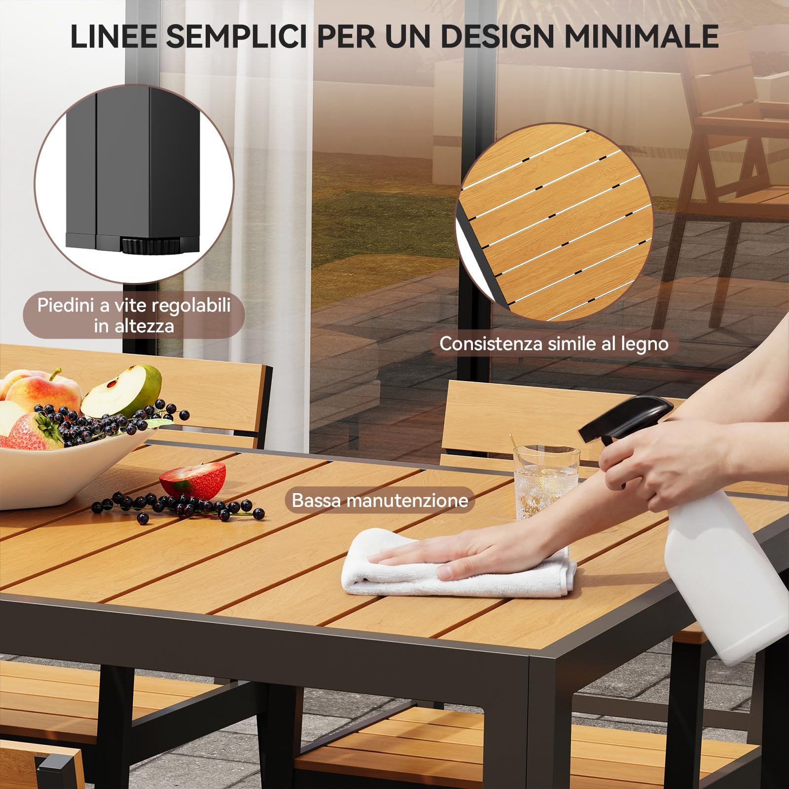 Devoko HDPS Set Tavolo e Sedie da Giardino 9 Pezzi Alluminio Finitura Vena di Legno 189 cm Naturale