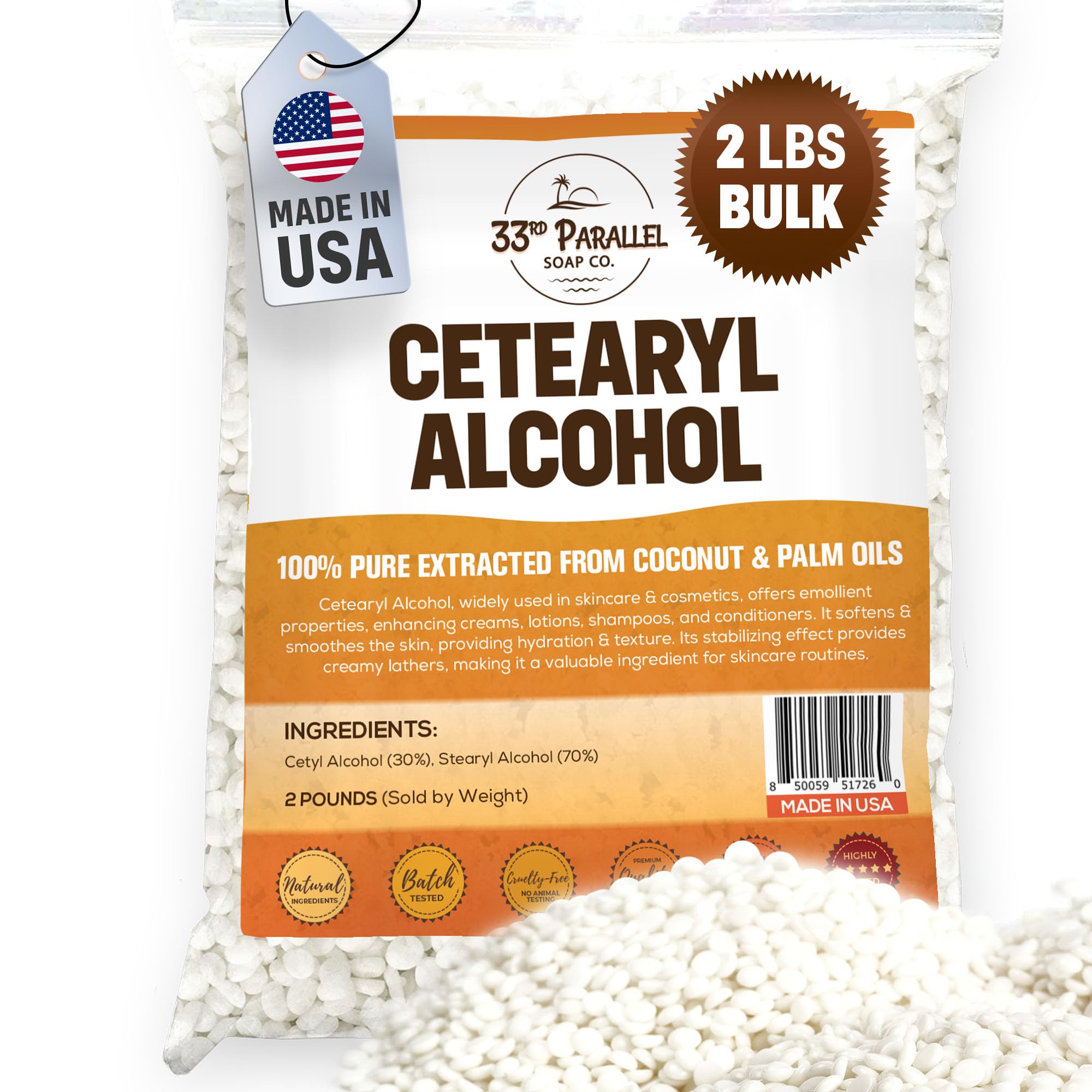 CETEARYL Alcohol (2 lbs / 32 oz) 100% Pure Extracted from Coconut & Palm Oils. Premium Granules Cetearyl Alcohol for Lotion Making, Creams, Scrubs, Shampoos, Conditioners, Moisturizers | 2 Pound