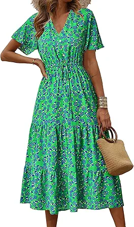 PRETTYGARDEN Women's Floral Boho Dress Casual Short Sleeve V Neck Ruffle Tiered 2024 Summer Swing Maxi Dresses (Green Blue Floral,Medium)