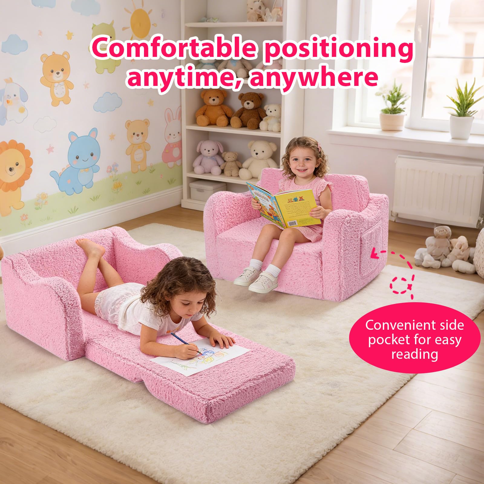 Canape Enfant 2-en-1, Canapé Convertible Enfant, Canapés pour Enfants avec Housse Amovible pour Filles et Garçons