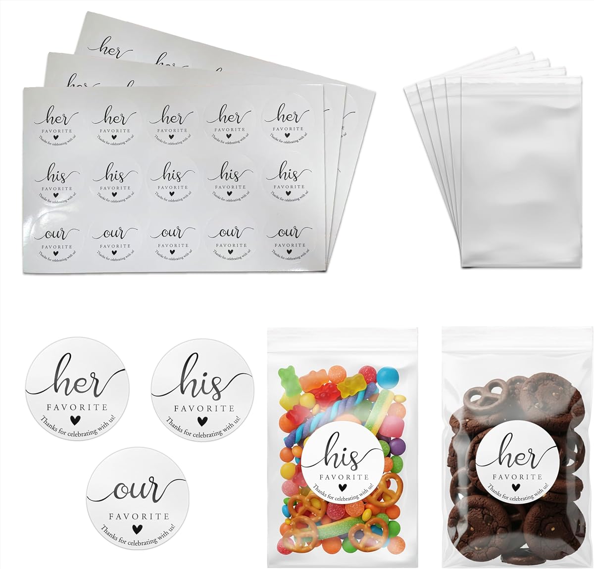 Tsunerrorami Juego de 150 pegatinas y 150 bolsas de regalos de boda – Bolsas de dulces favoritas para él y ella con pegatinas, regalos de boda a granel para invitados, despedidas de soltera y suministros de recepción