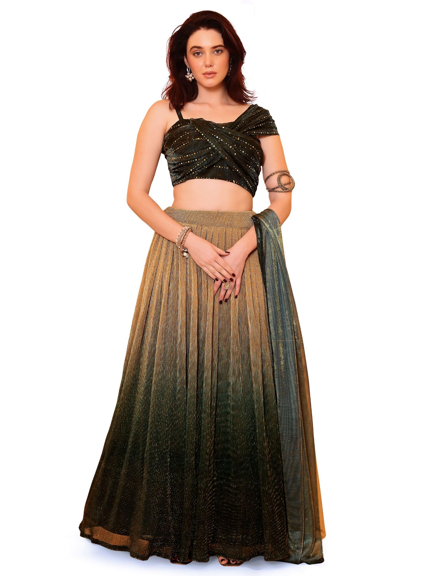 Polyester Blend Women's Shaded Lycra Semi-Stitched Lehenga Choli (Liya)