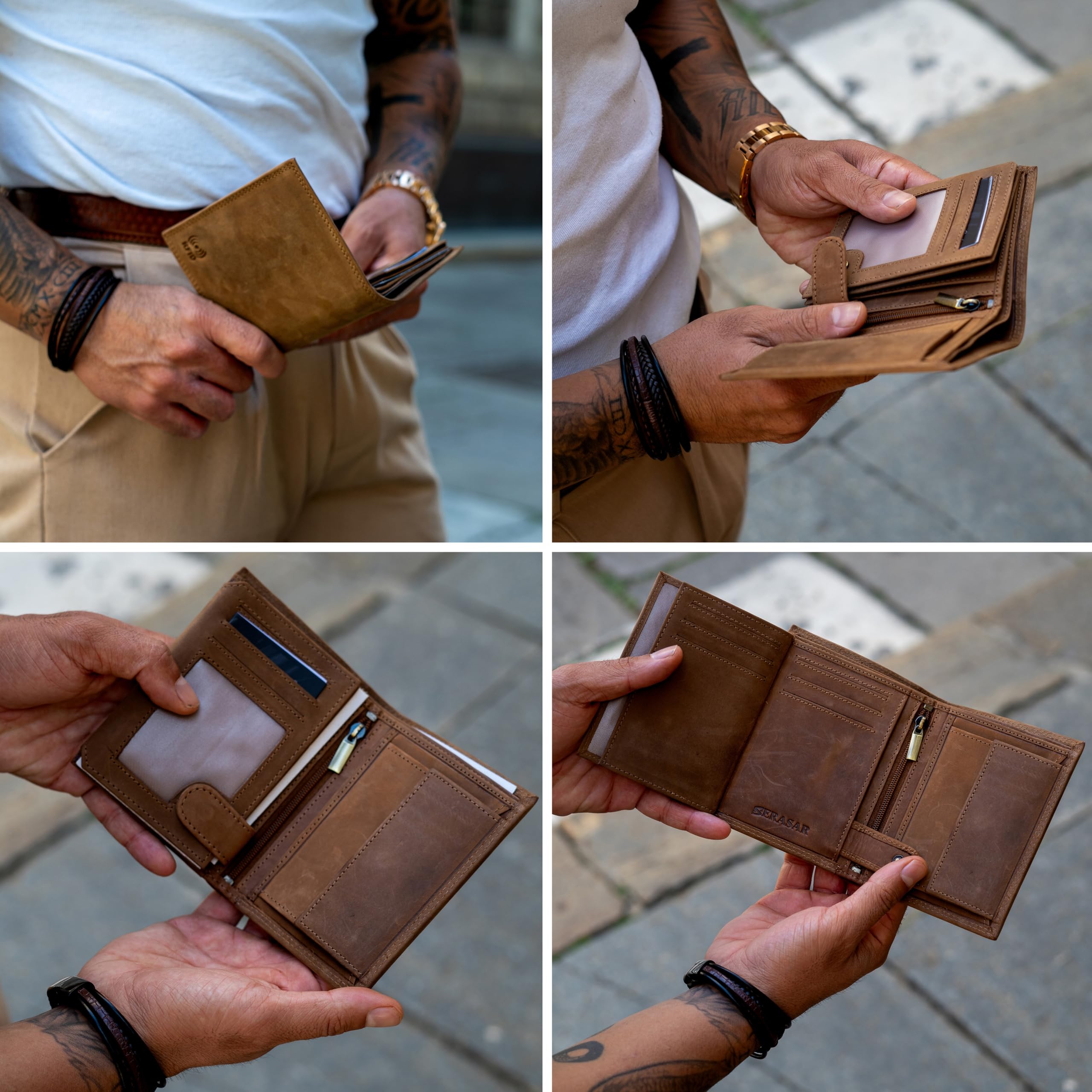 SERASAR Cartera Hombre Piel Premium Marrón RFID Caja Regalo