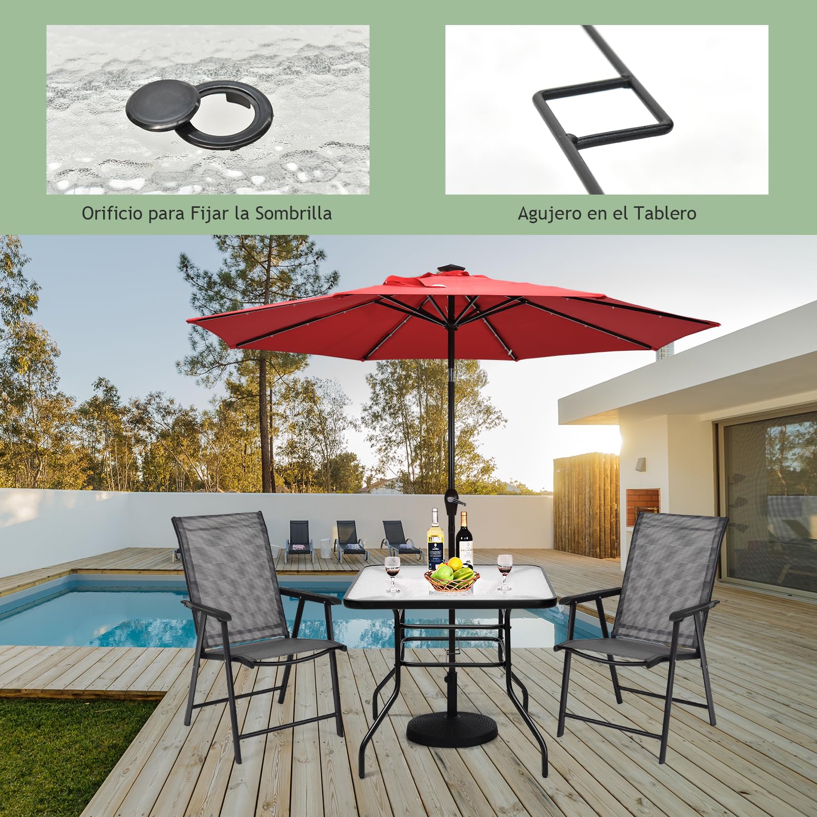 GOPLUS Mesa de Jardín con Orificio para Sombrilla y Tablero de Vidrio | Mesa Auxiliar Cuadrada para Terraza Patio Bistro con Marco de Metal, Carga 80 kg, 80x80x71cm