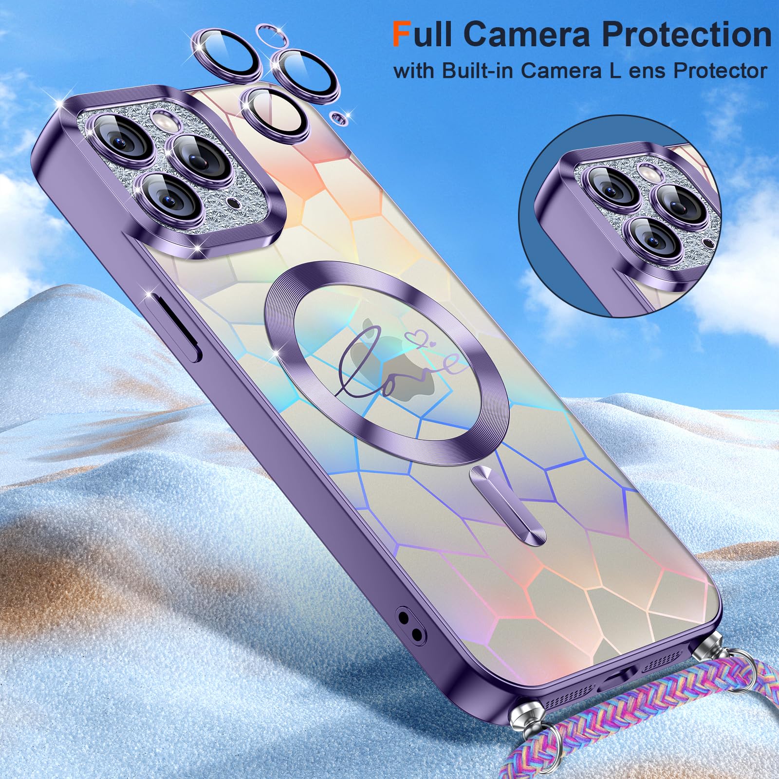 Cover Per IPhone 11 Pro Con Cordino E Glitter, Magnetica, Compatibile MagSafe, Antiurto, Trasparente Con Cartoncino Luccicante, Tracolla Regolabile