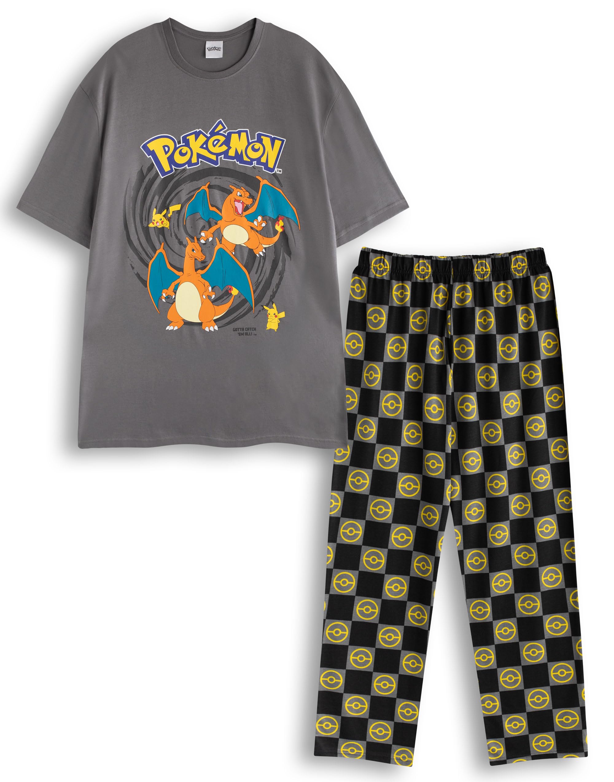 Pokémon Charizard & Pikachu Mens Grey Graphic Tee | Short Sleeve Crew Neck Top | Cartoon & Geometric Print Sleepwear Logo T-Shirt | Comfortable Casual Wear for Fans