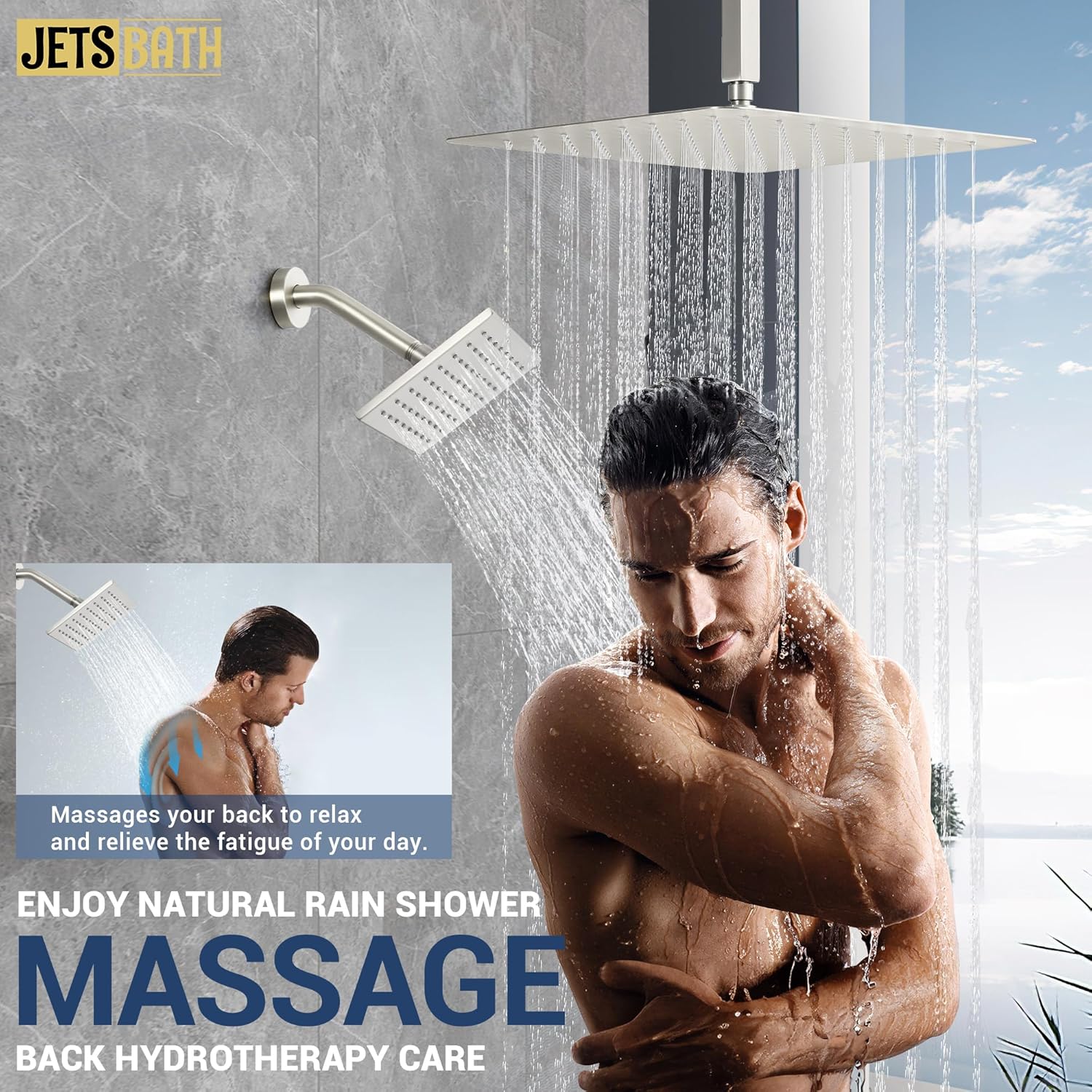 16" Thermostatic Dual Rainfall Head Shower System with Handheld & Valve, 16” Ceiling Shower Faucet Set with 6-Inch Shower Head, JetsBath Brushed Nickel Full Body Shower System for Couples/ 2-Person