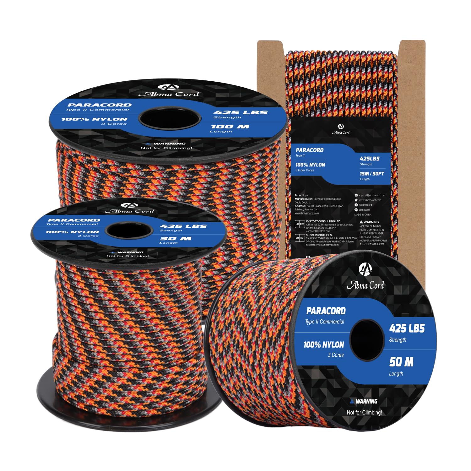 Abma Cord Paracord 3mm 15m 100% Nylon Rope Type II 3 Strands Parachute Cord - Max. 192kg (425lbs) - Summer Sunrise (Lava)