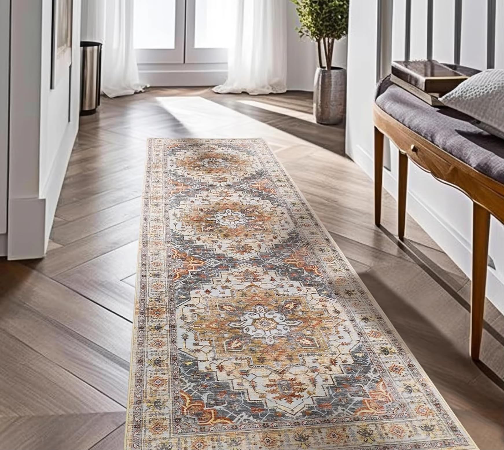 Tapis couloir lavable antidérapant à motif géométrique rétro