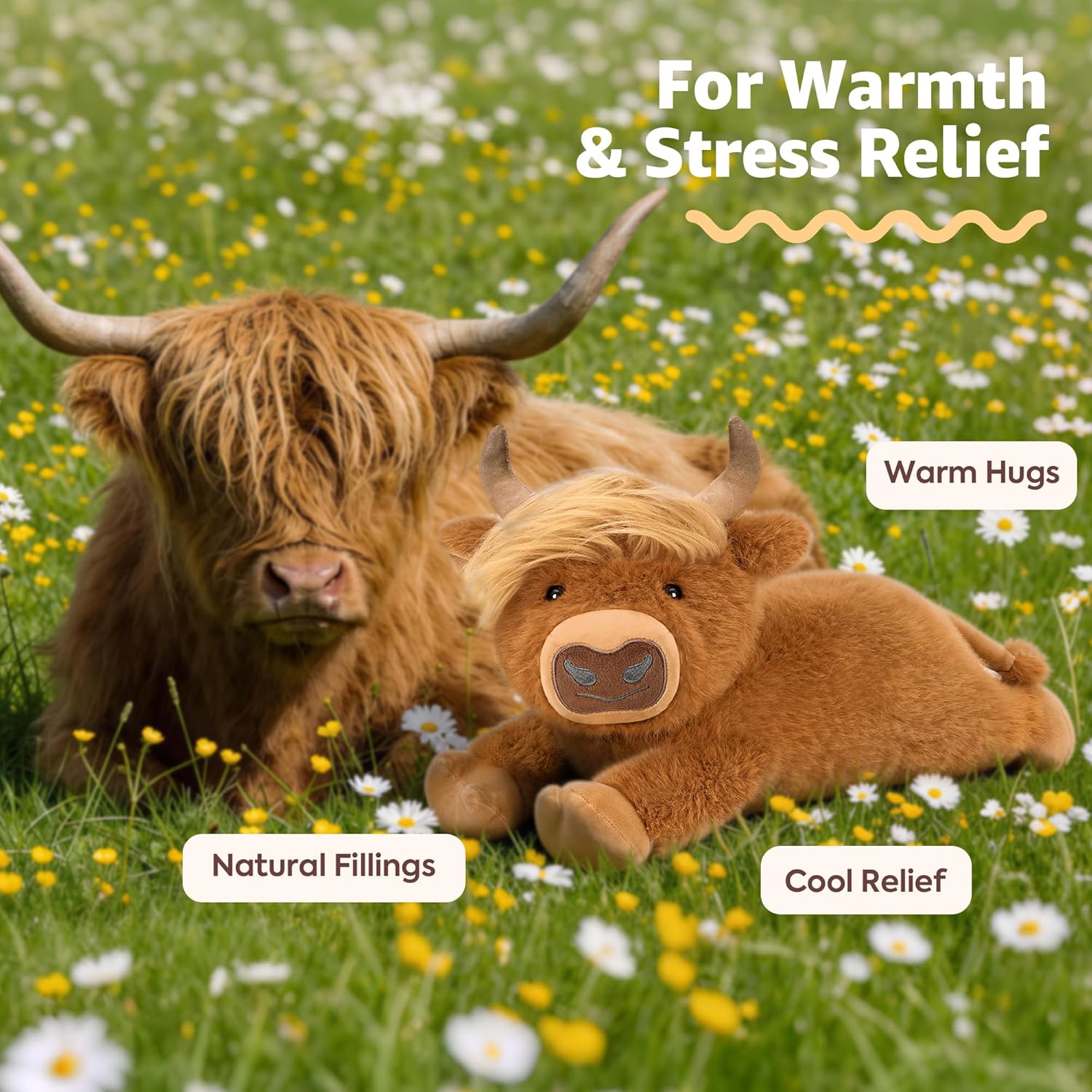 Onsoyours Original Heatable & Weighted Highland Cow Stuffed Animals, Microwavable Plushies for Stress Relief - 20" Large Comfort Soft Plush Toys for Kids & Adults(Red Brown)