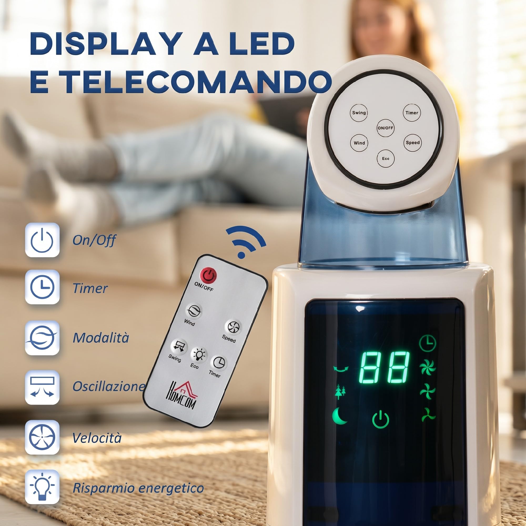 HOMCOM Ventilatore a Torre 50W a 3 Modalità e 3 Velocità, Ventilatore da Terra con Timer da 12h e Telecomando in ABS, Ø32x118.2 cm, Bianco