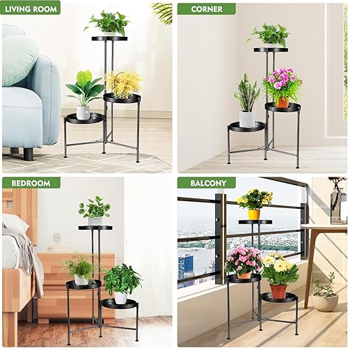 Miniatura 8 de Soporte de metal de 3 niveles dorado para interiores y exteriores, soporte de 27 pulgadas de alto, 3 soportes para plantas, resistente al óxido,