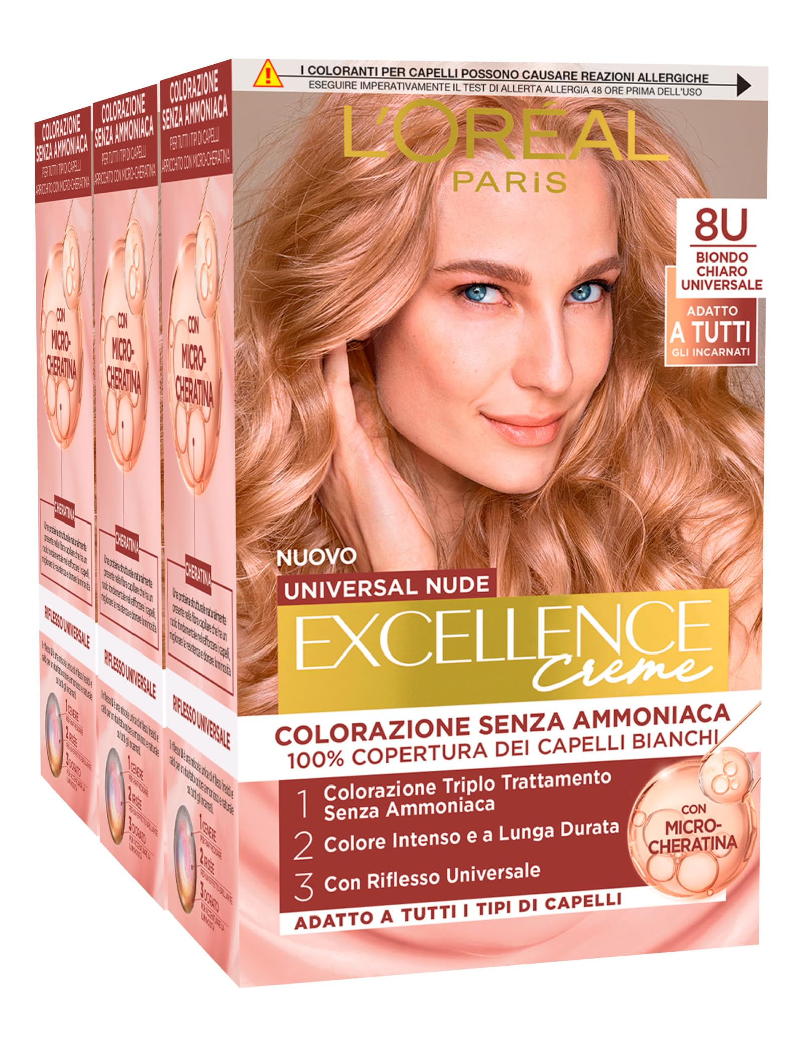 L'Oréal Paris Excellence krem do włosów, permanentna farba do włosów, uniwersalny nude, jasny blond 8U, potrójna obróbka – 3 kolory