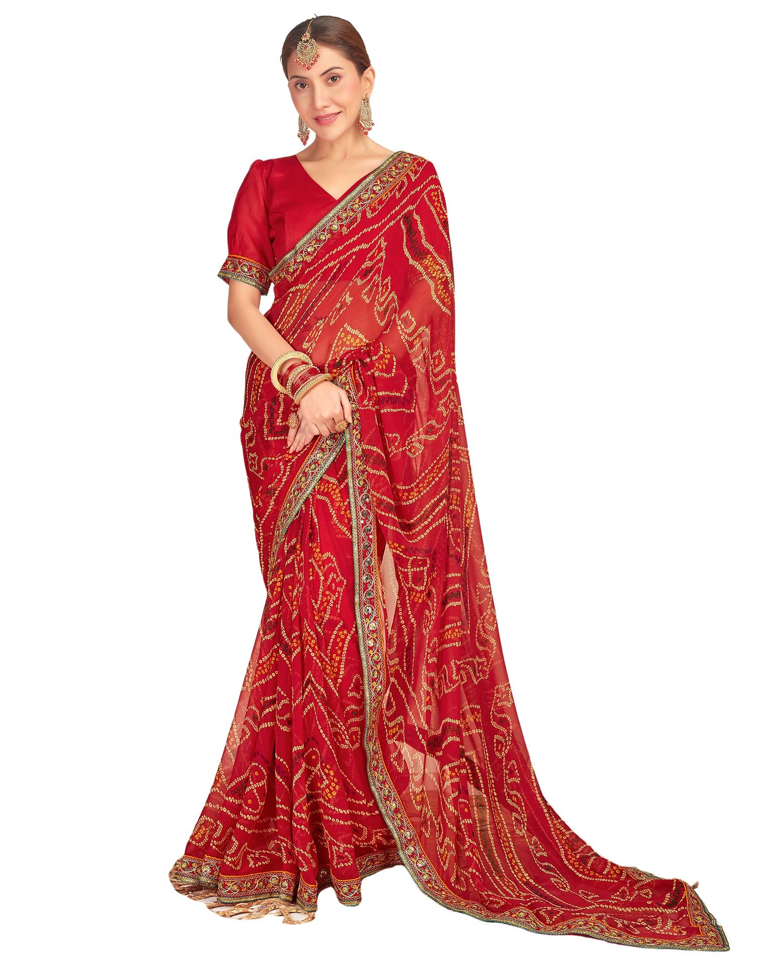 SIRILWomen's Georgette Bandhani Printed Sequence Embroidery Lace Saree With Unstitched Blouse Piece
