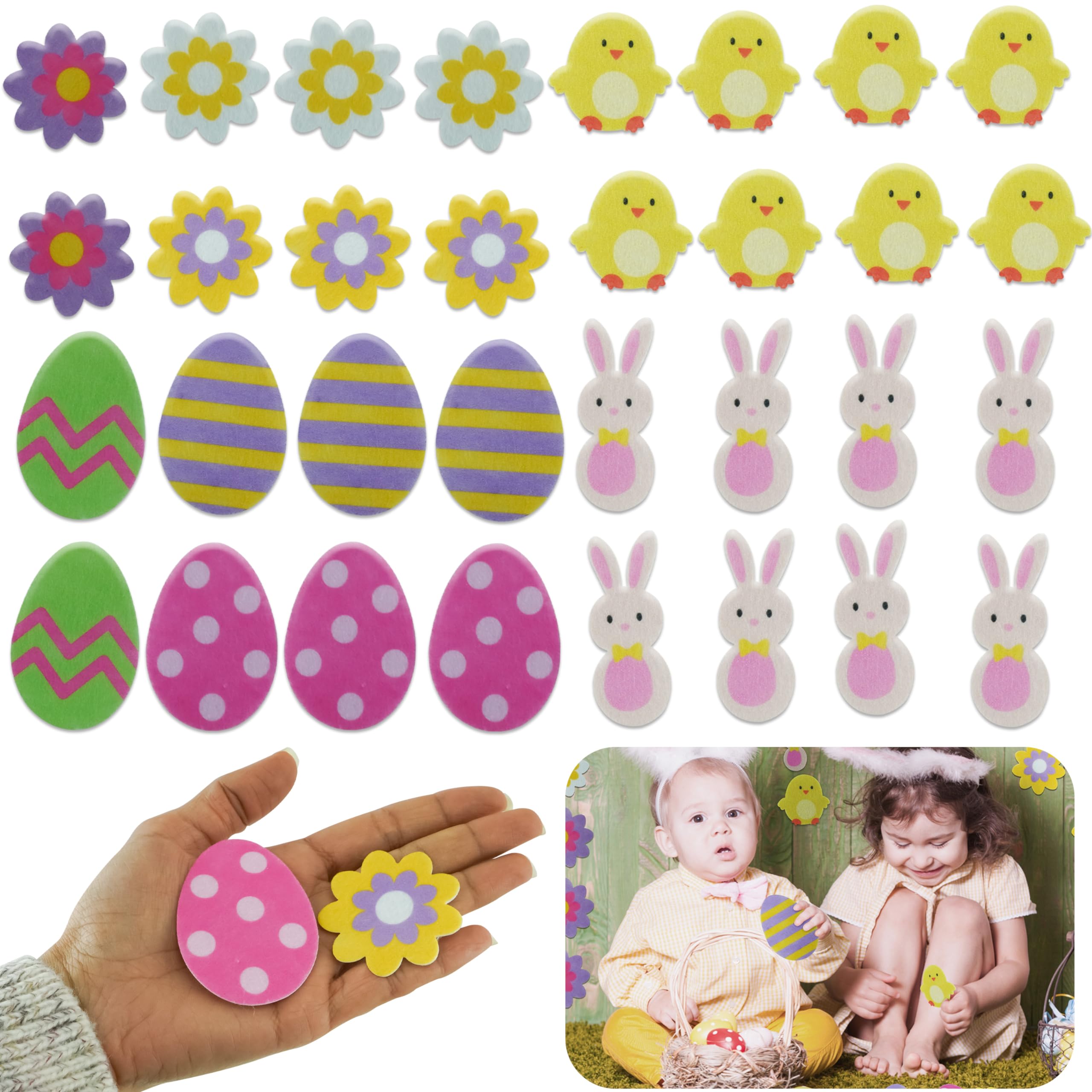 Hovuk 32Pcs- Mixed Easter Stickers 32Pcs Reusable Easter Stickers Colorful Easter Stickers, School Easter Party Decor Non-Toxic Crafts Die-Cut Easter Stickers Eggs Flowers Chicks Design