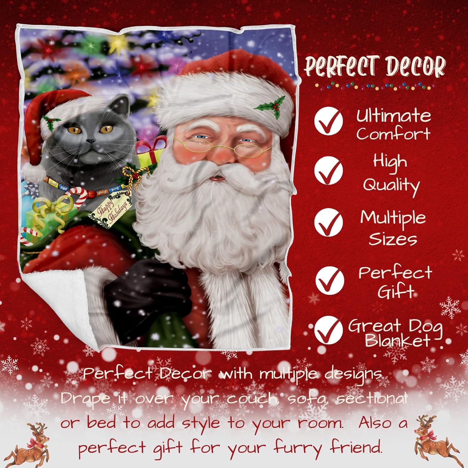 Doggie of the Day British Shorthair Cat Blanket - Christmas Santa Carrying Presents - Super Soft & Warm Pet Theme for Sofa or Bed, Warm Fleece, Sherpa or Woven Material, BLNKT160269 (50x60 Sherpa)