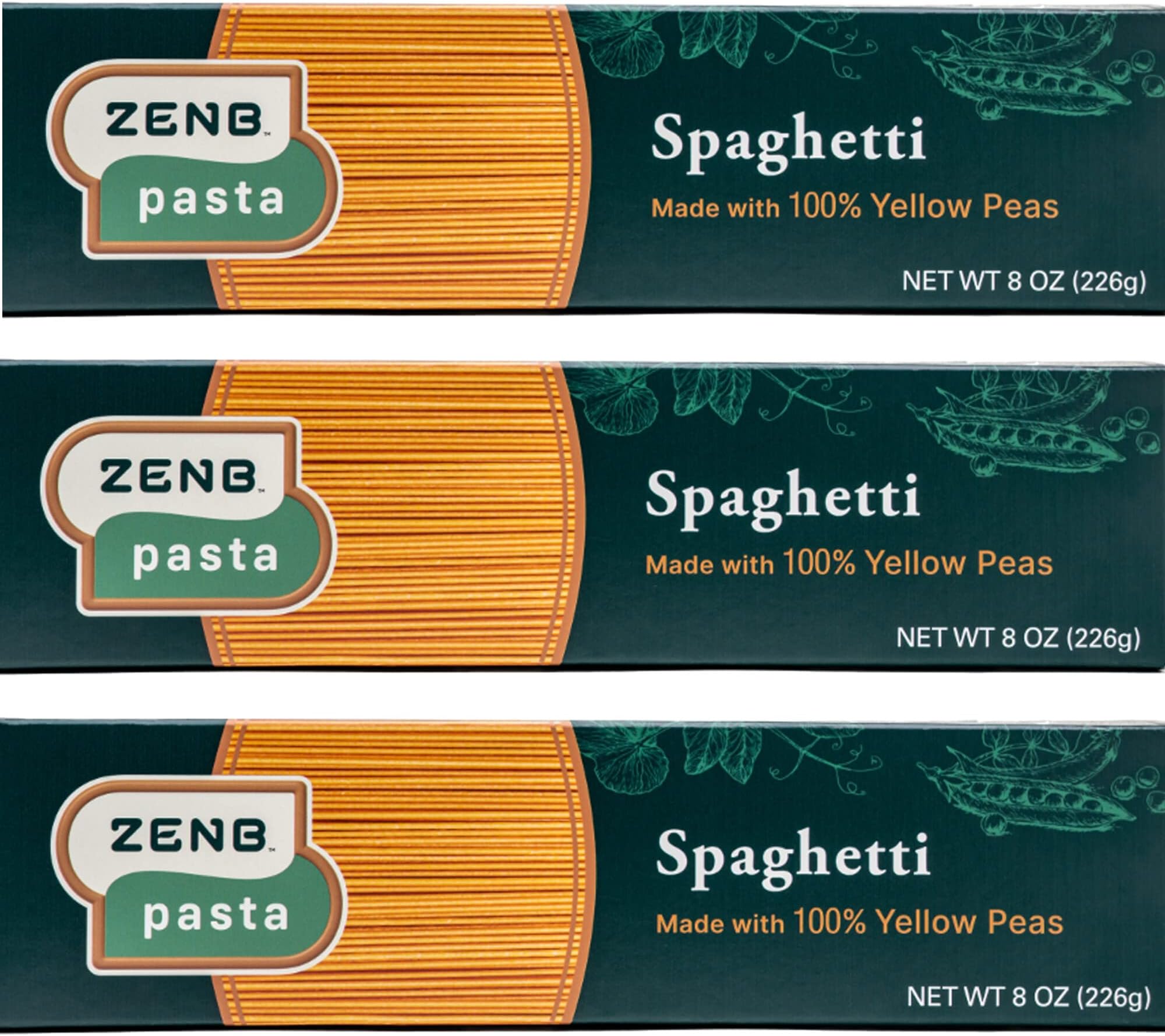ZENB Plant Based Spaghetti - Made From 100% Yellow Peas, Gluten Free Pasta, Non-GMO, Vegan, Certified Kosher, 17g of Protein & 11g of Fiber In Every 3 oz Serving, Spaghetti - 8 oz Boxes (Pack of 3)