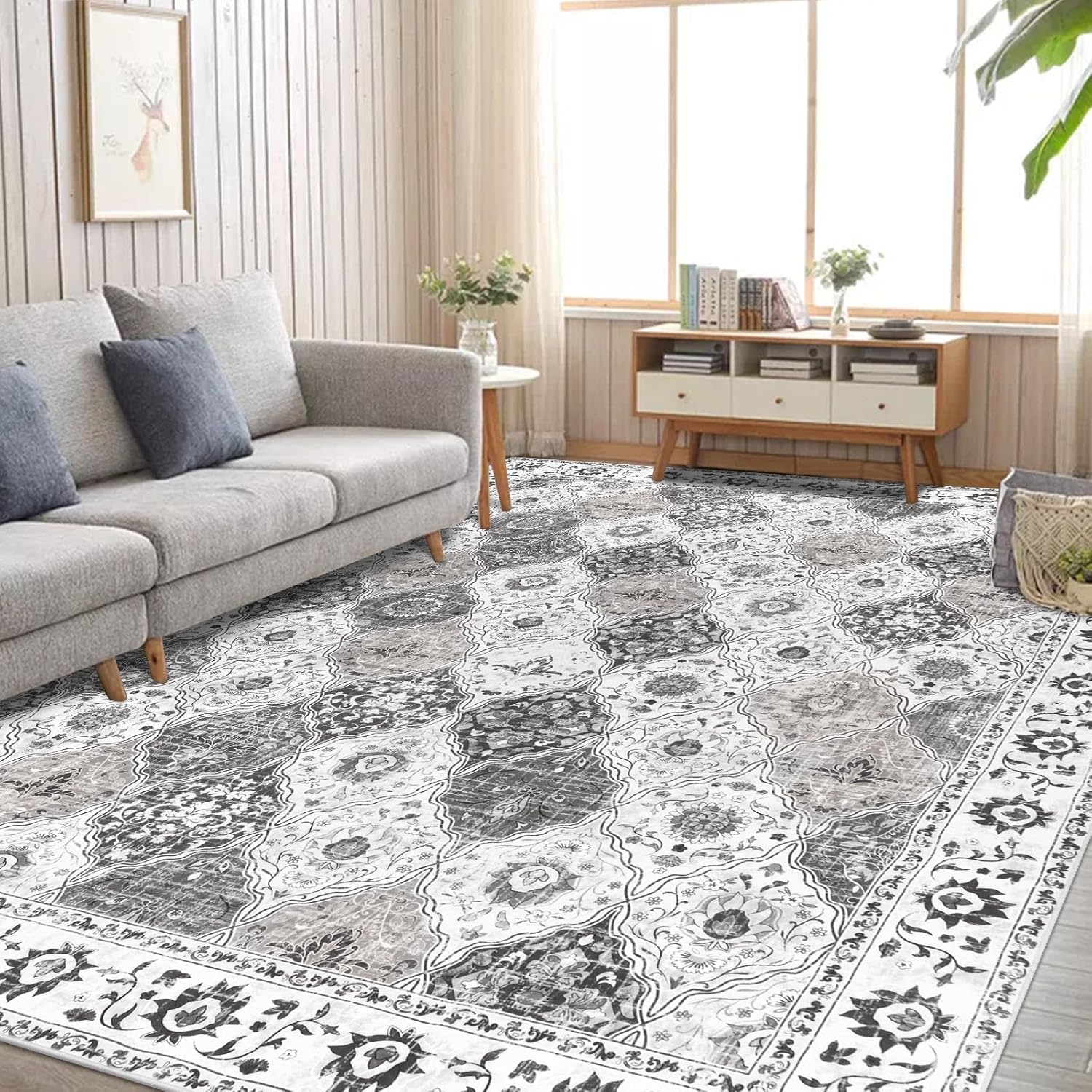 HEBE Washable Area Rug 8'x10' Non Slip Soft Distressed Medallion Bedroom Rug Boho Living Room Rug Accent Throw Rugs Vintage Entry Rug Floor Carpet for Dining Room Bathroom 8'x10' Multi-grey