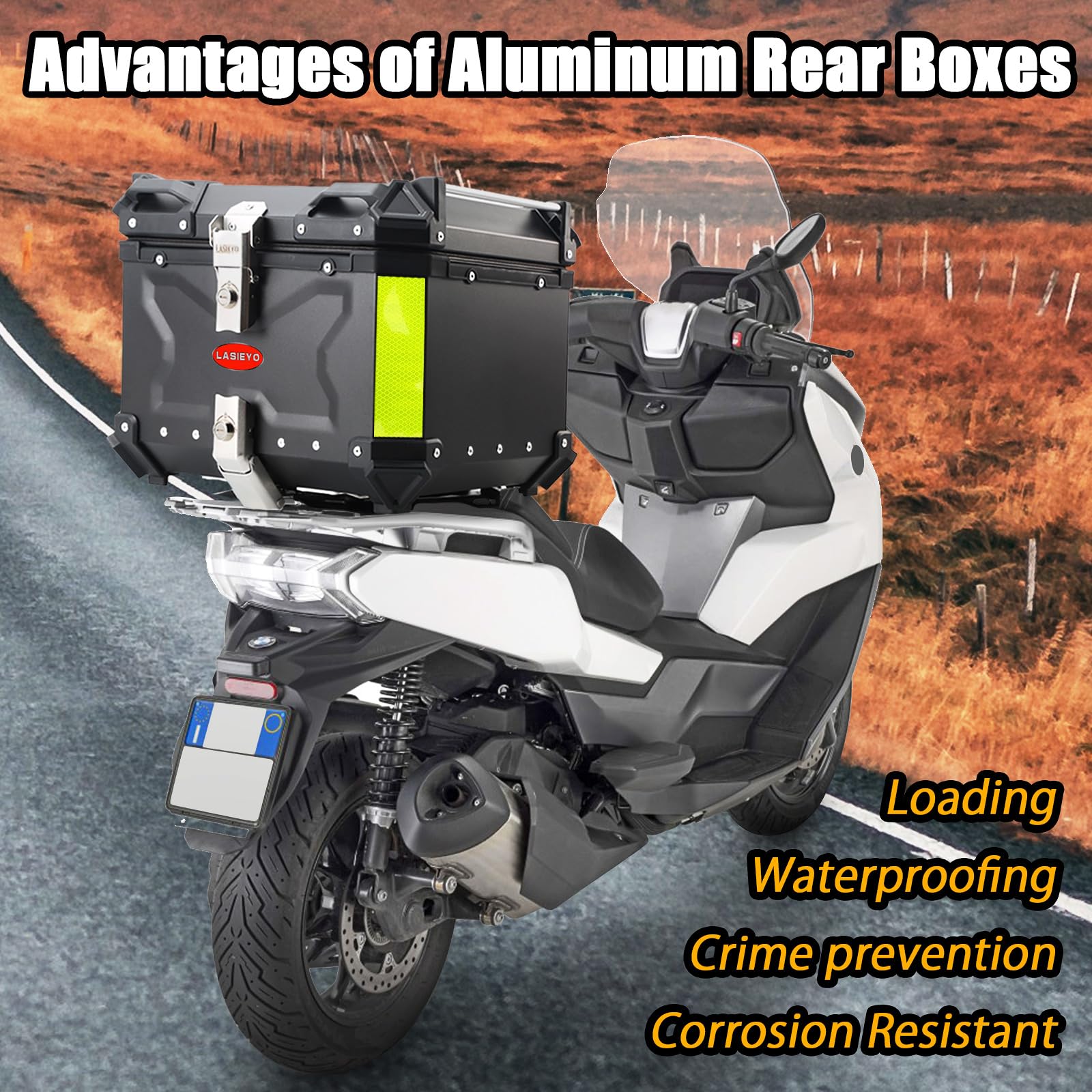 puseky Top Case pour moto, 55 l, bagage de moto en aluminium avec serrure de sécurité pour rangement du casque, grand bagage, coffre de moto imperméable