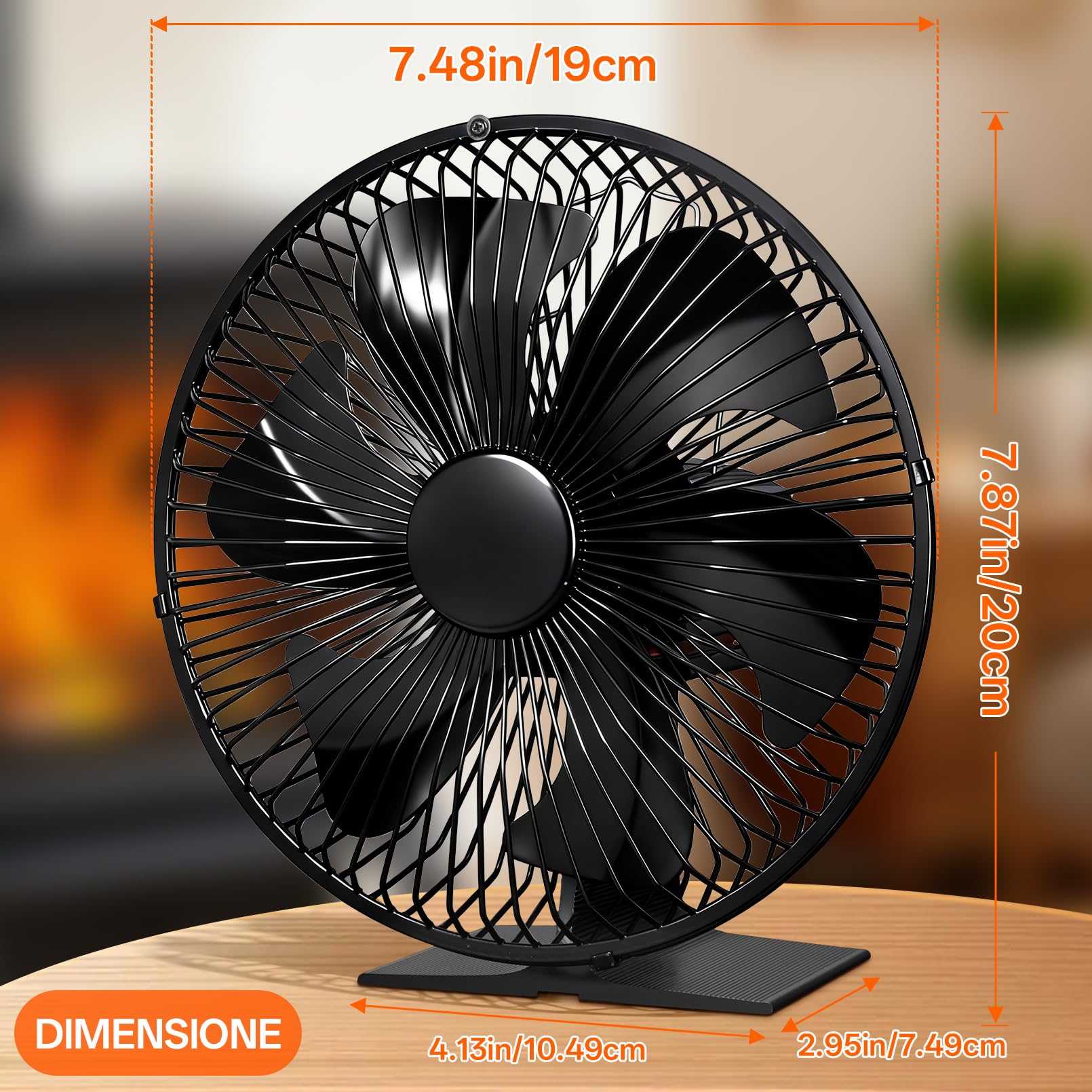 JossaColar Ventilatore per stufa con griglia di protezione, con 6 lame, per camino, per canna fumaria, senza corrente, con termometro magnetico