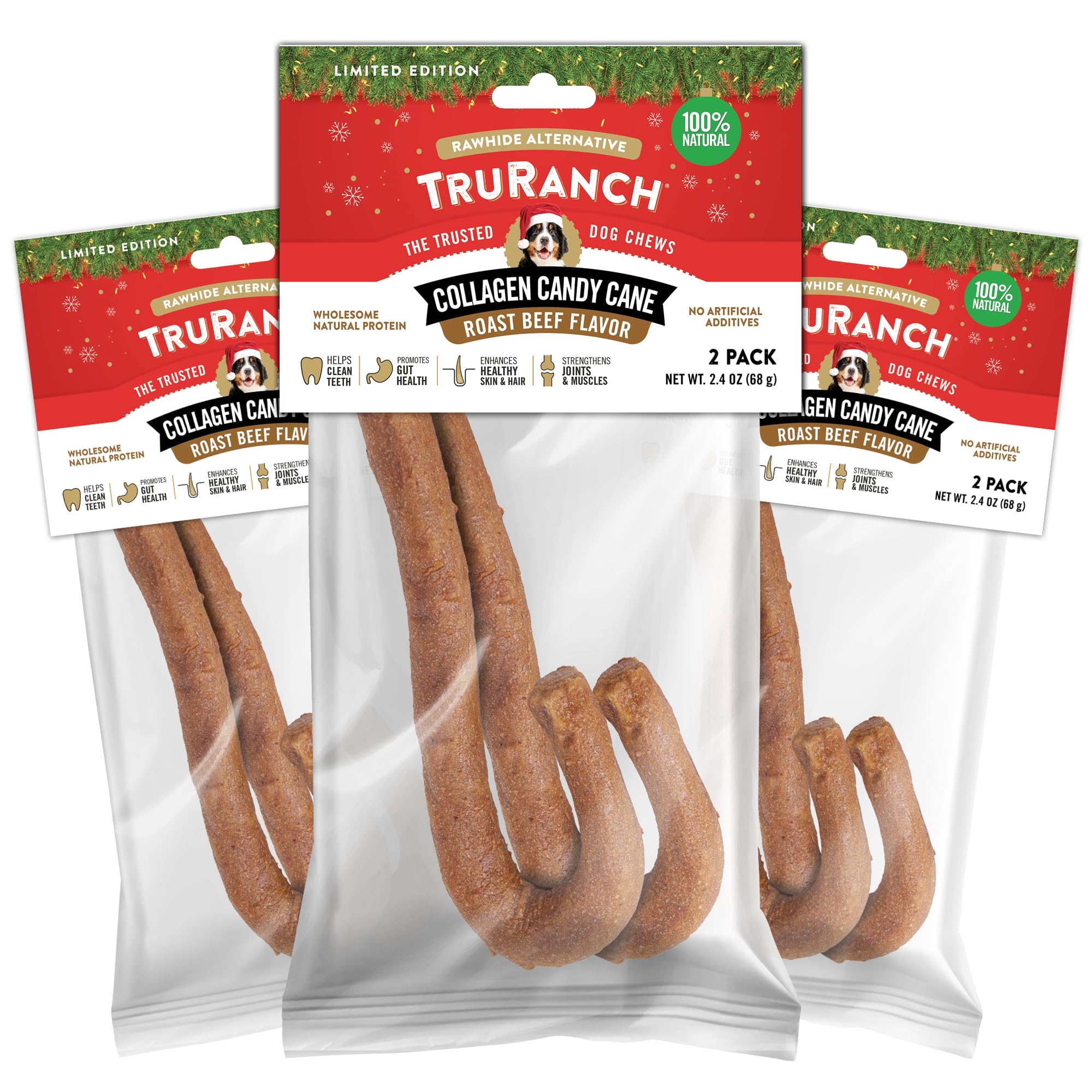TRURANCH Collagen Chew - Candy Cane - 3 Bags, 6 Count, Stocking Stuffer, Limited Edition Holiday All-Natural, Dog Treat Candy Cane, Rawhide