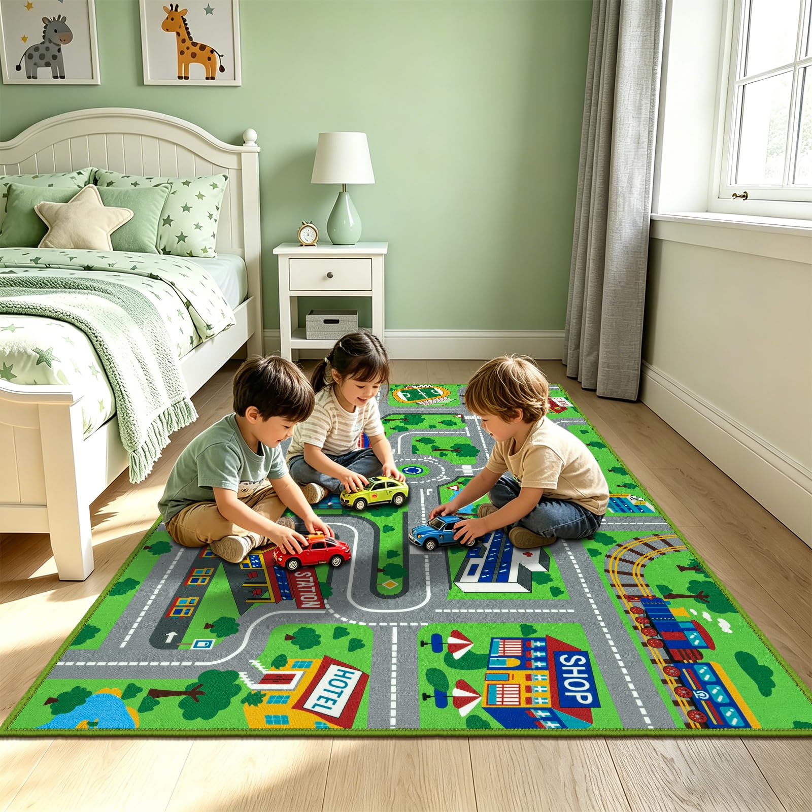 Capslpad Alfombra infantil de juego para niños de ciudad, 160 x 100 cm, antideslizante, lavable a máquina, pelo corto, alfombra de juegos educativa, para habitación de niños, sala de juegos,