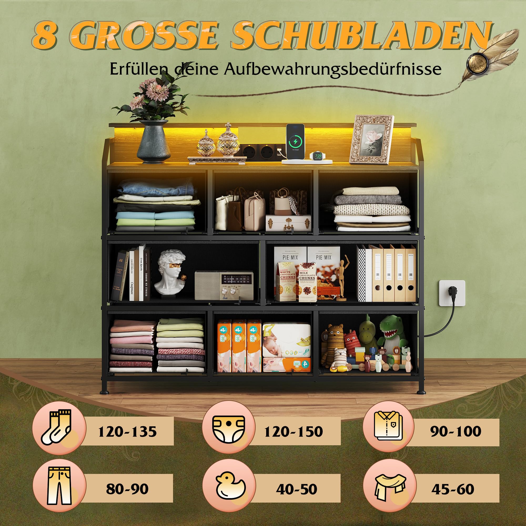 WLIVE Kommode mit Schubladen, komode Schlafzimmer mit 8 Stoffschubladen | Kommoden & Sideboards mit LED und Ladestation, Holzplatte und Stabiles Stahlgestell für Wohnzimmer, Anthrazit Holzdekor